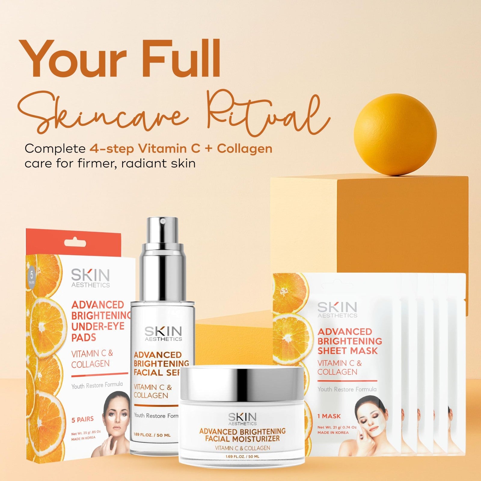 Skin Aesthetics Vitamin C and Collagen set with dermatologist-tested anti-aging skincare products, featuring bottles and jars.