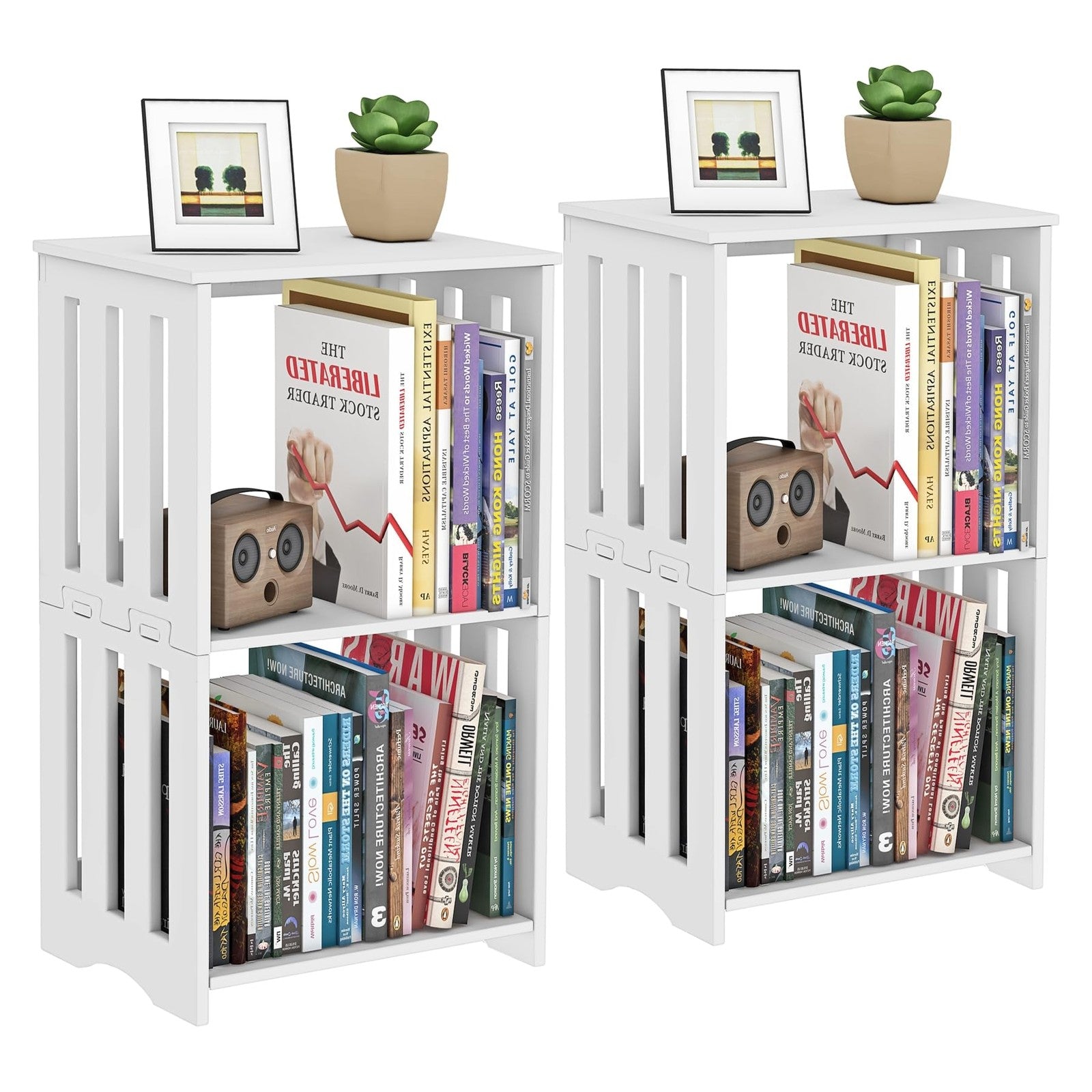 HAYOFAMY 3-tier white end table set of 2 with small bookshelf design, ideal for bedroom or living room.