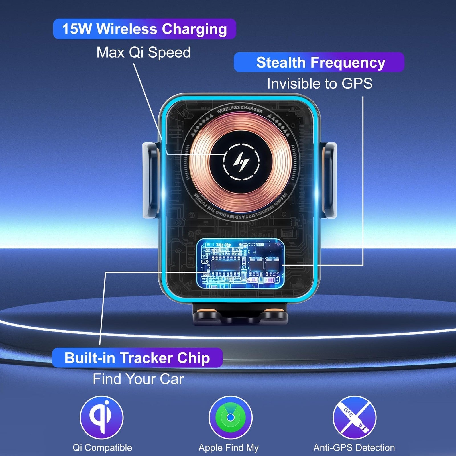 Gudluky 15W fast wireless car charger with built-in GPS tracker and Air Ven tag, shown mounted in a vehicle dashboard.