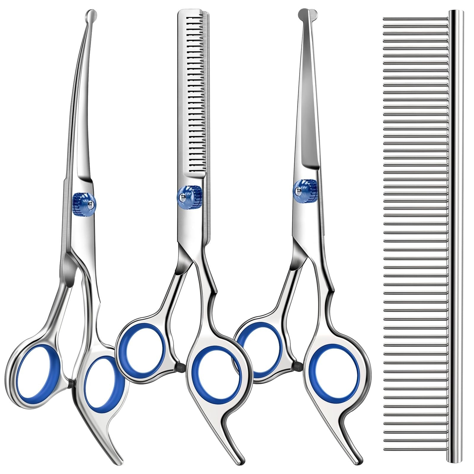 Saccison Pro 4-in-1 pet grooming scissors kit with round tips and sharp shears for dogs and cats, shown with grooming tools.