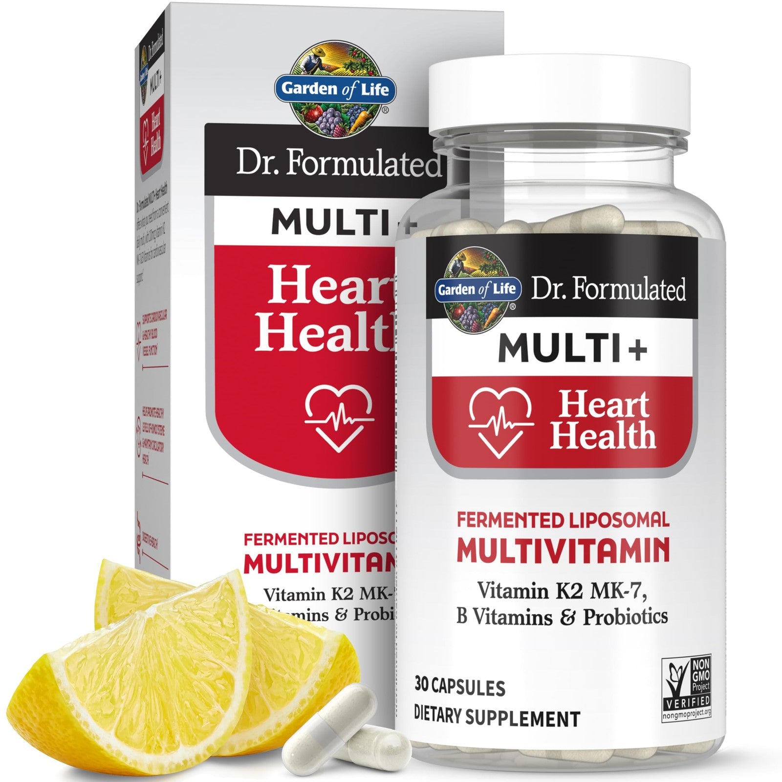 Garden of Life Dr. Formulated Multi+ Heart Health fermented liposomal multivitamin bottle with colorful label and supplement capsules.