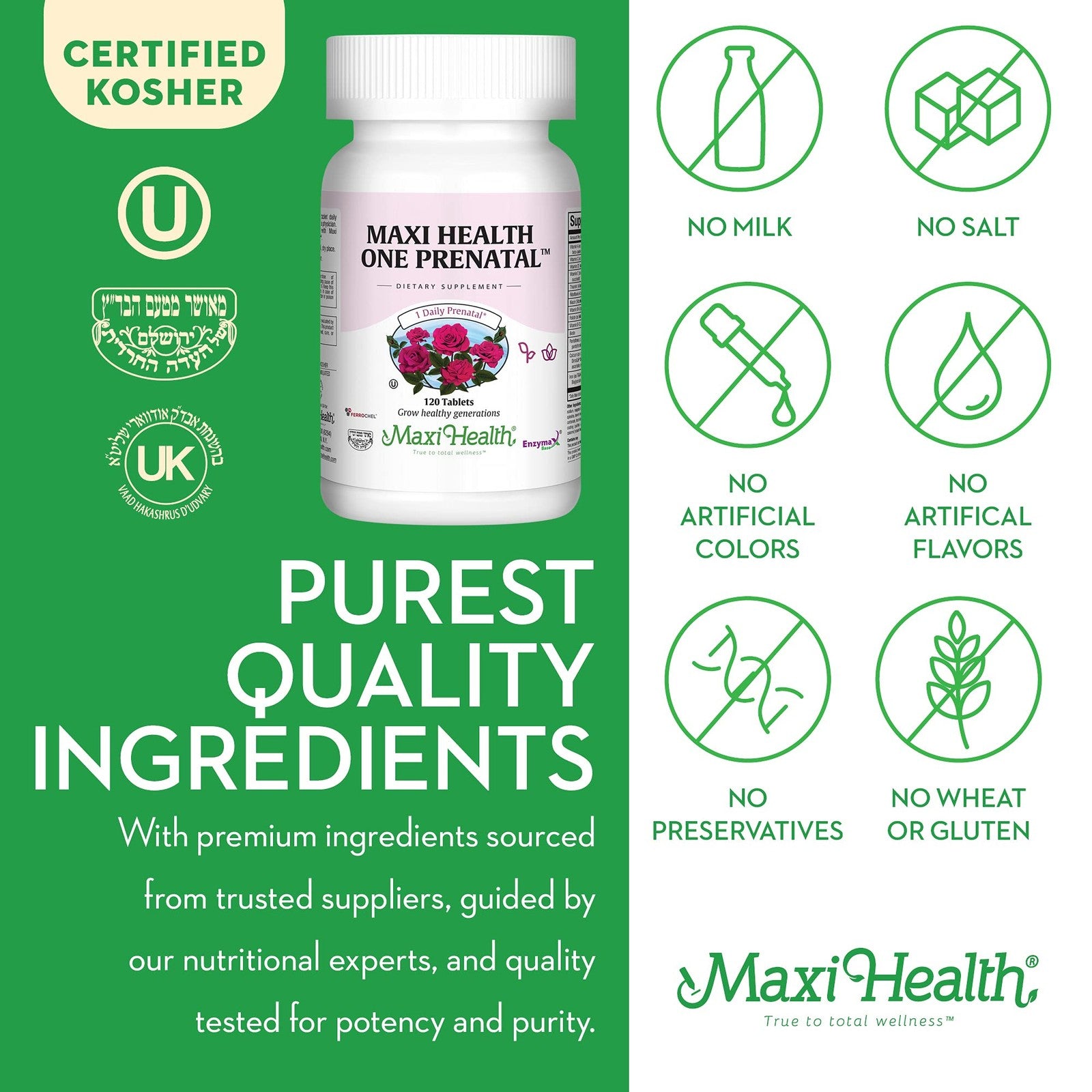 Maxi Health prenatal vitamins for women, one daily supplement with iron and folate, shown in a white bottle with a green label.