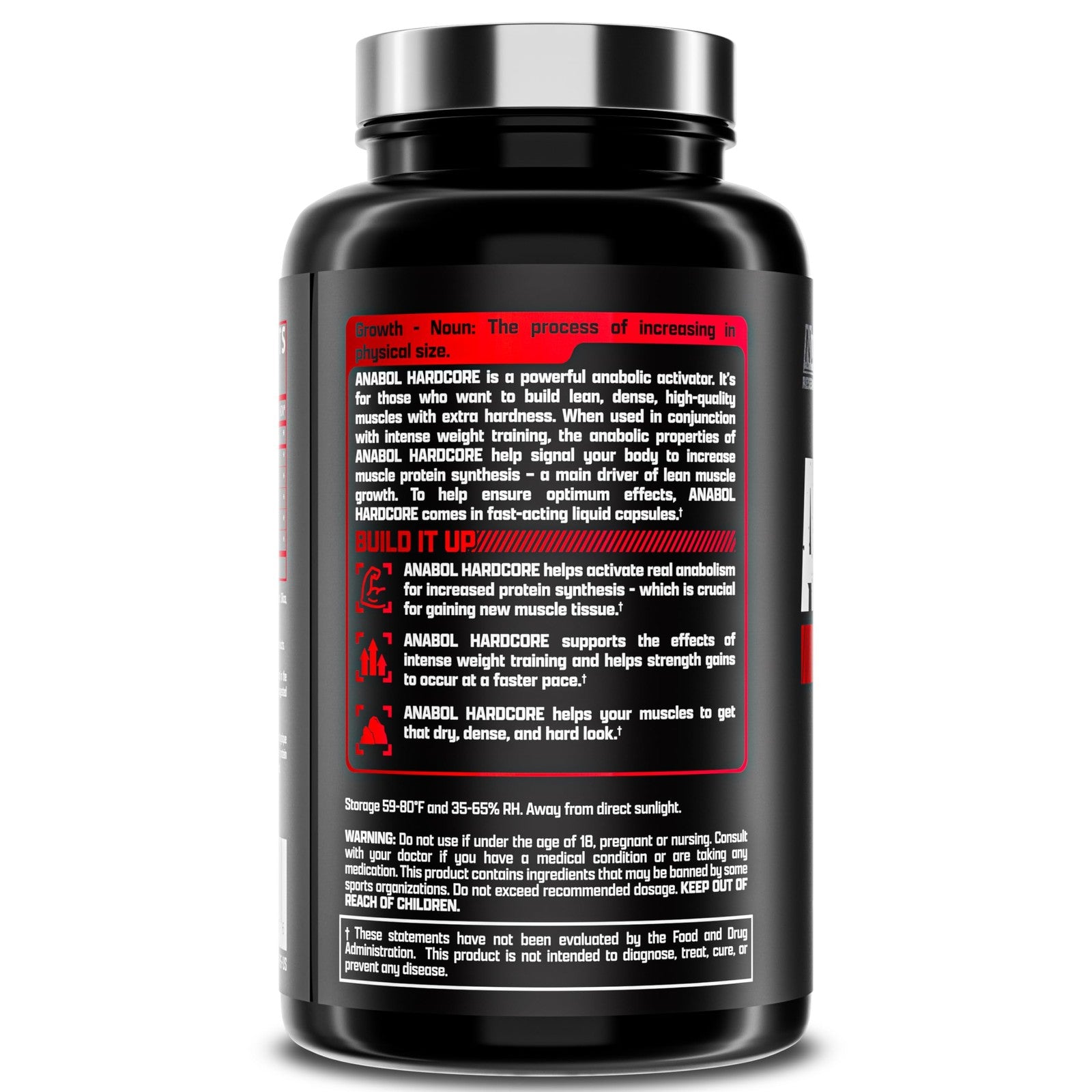 Close-up of Nutrex Research Anabol Hardcore anabolic activator supplement bottle with label showing product details.