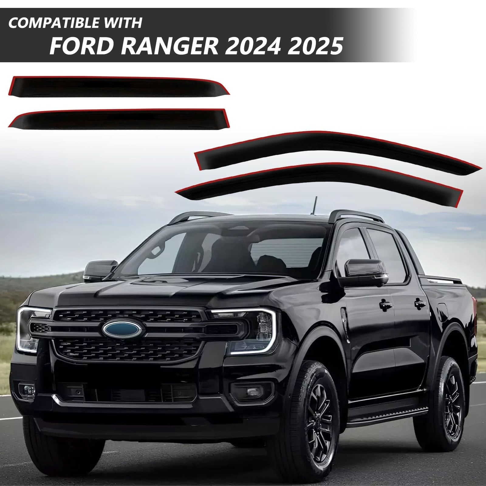 TECHPICCO rain guards for Ford Ranger 2024-2026, side window deflectors with tape-on design, visible on vehicle windows in the image.