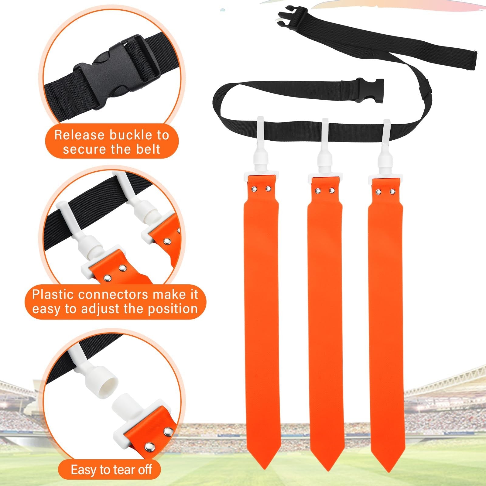 Junkin flag football set with adjustable belts and flags for 10 players, suitable for outdoor flag football games.