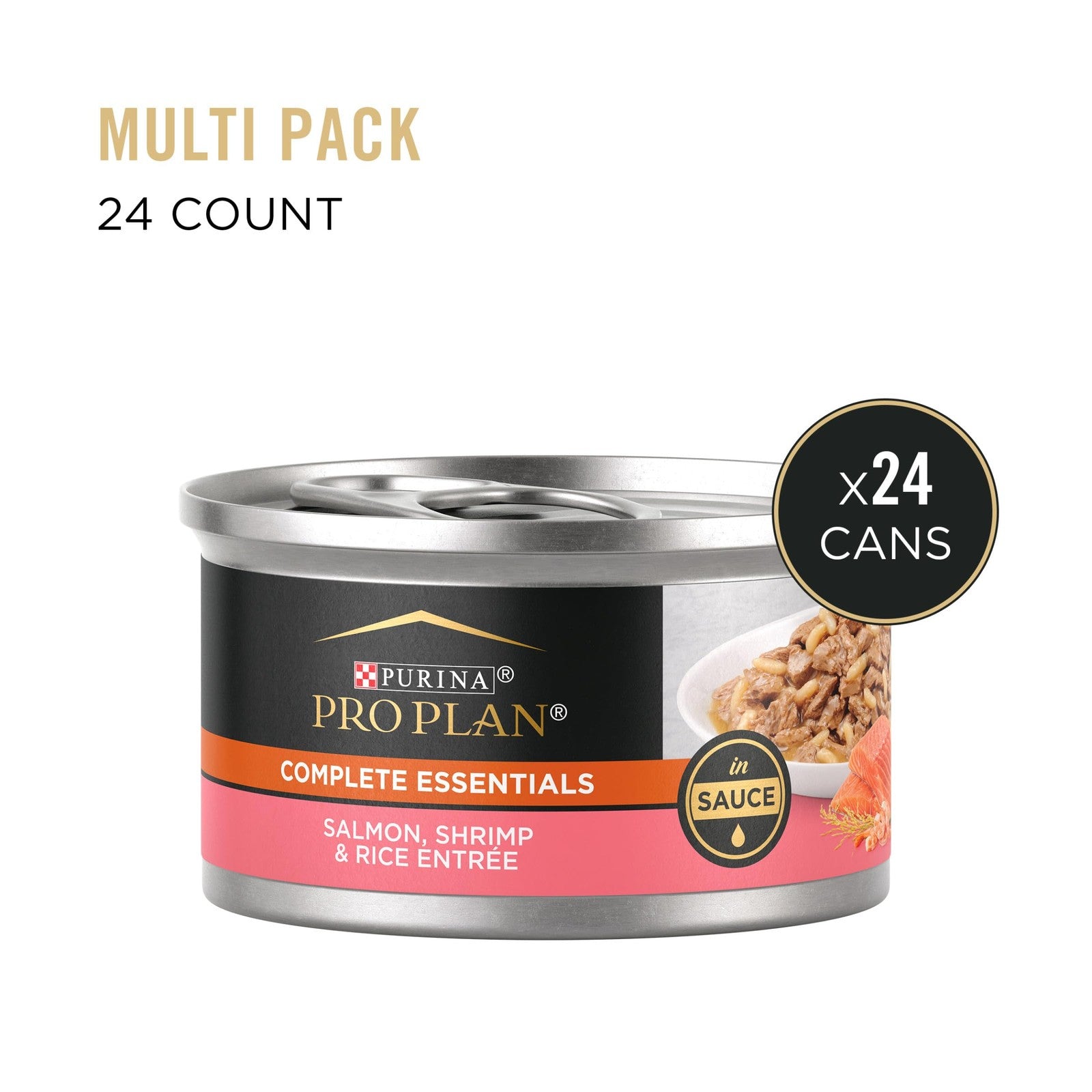 Purina Pro Plan wet cat food variety pack with salmon, shrimp, and rice pâté in 3oz cans for cats.