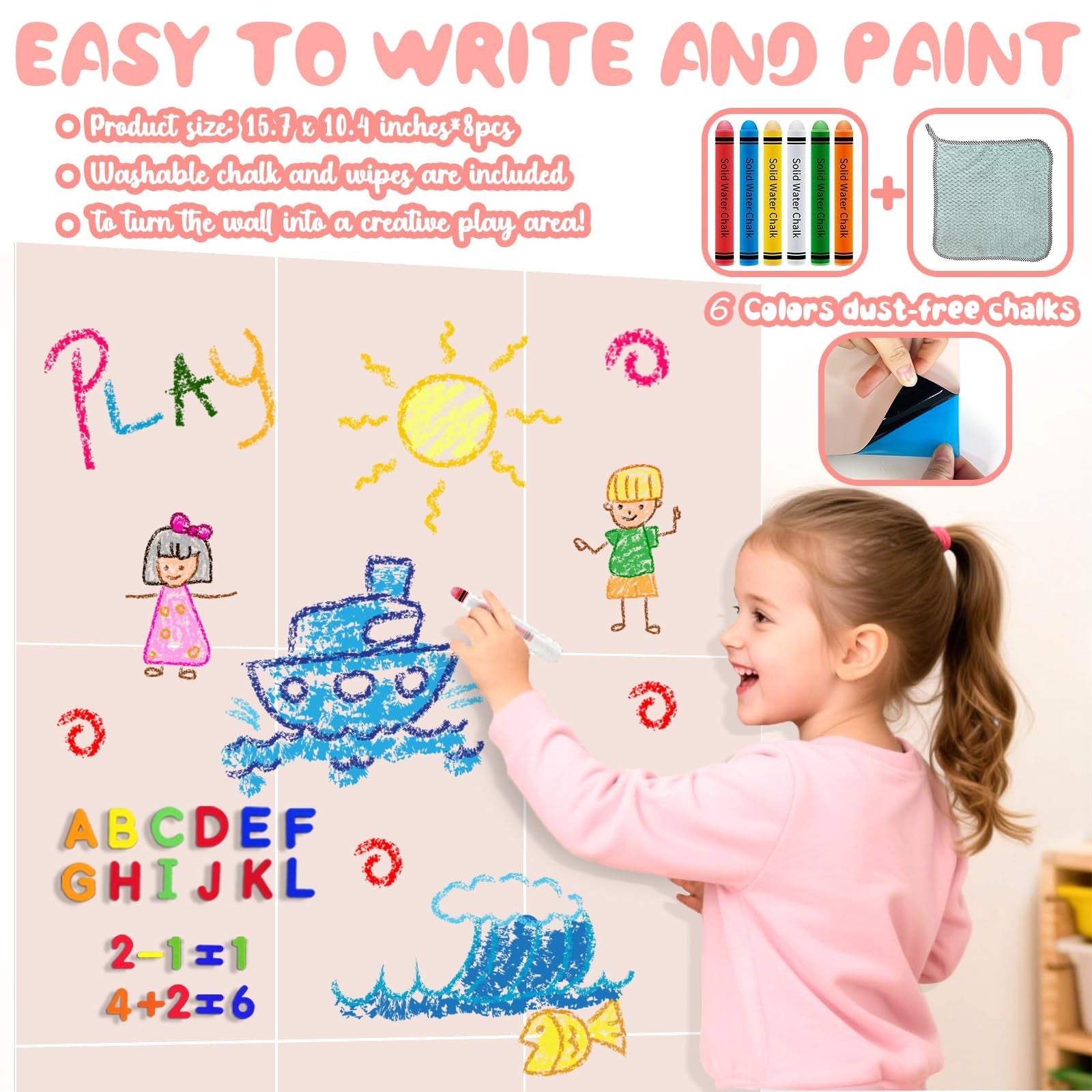 Set of 8 Easma magnetic wall decals for kids, featuring peel and stick chalkboard magnets on a colorful, fun wall display.