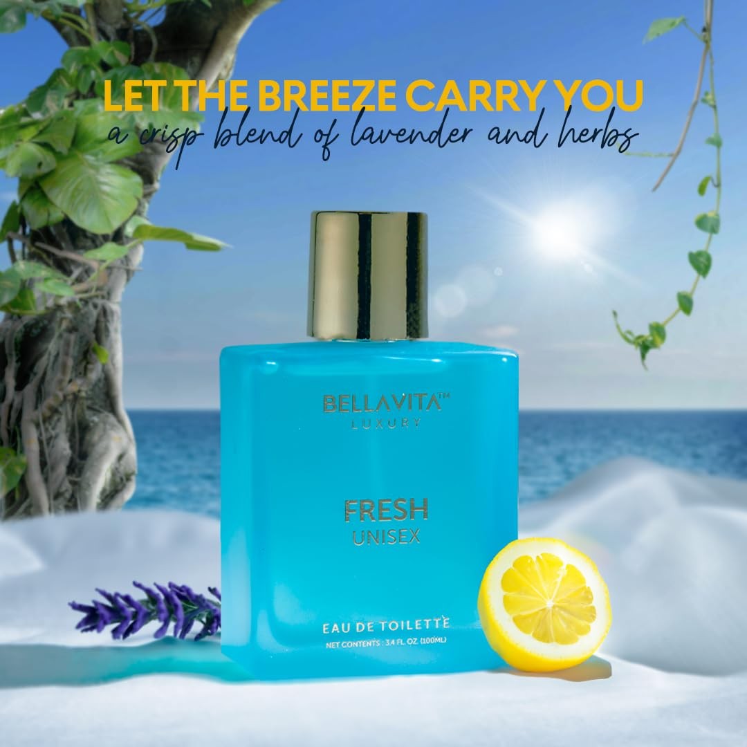 BellaVita Luxury Fresh Unisex Eau de Toilette 3.4oz bottle with a sleek design, showcasing bergamot, lavender, and vanilla notes.