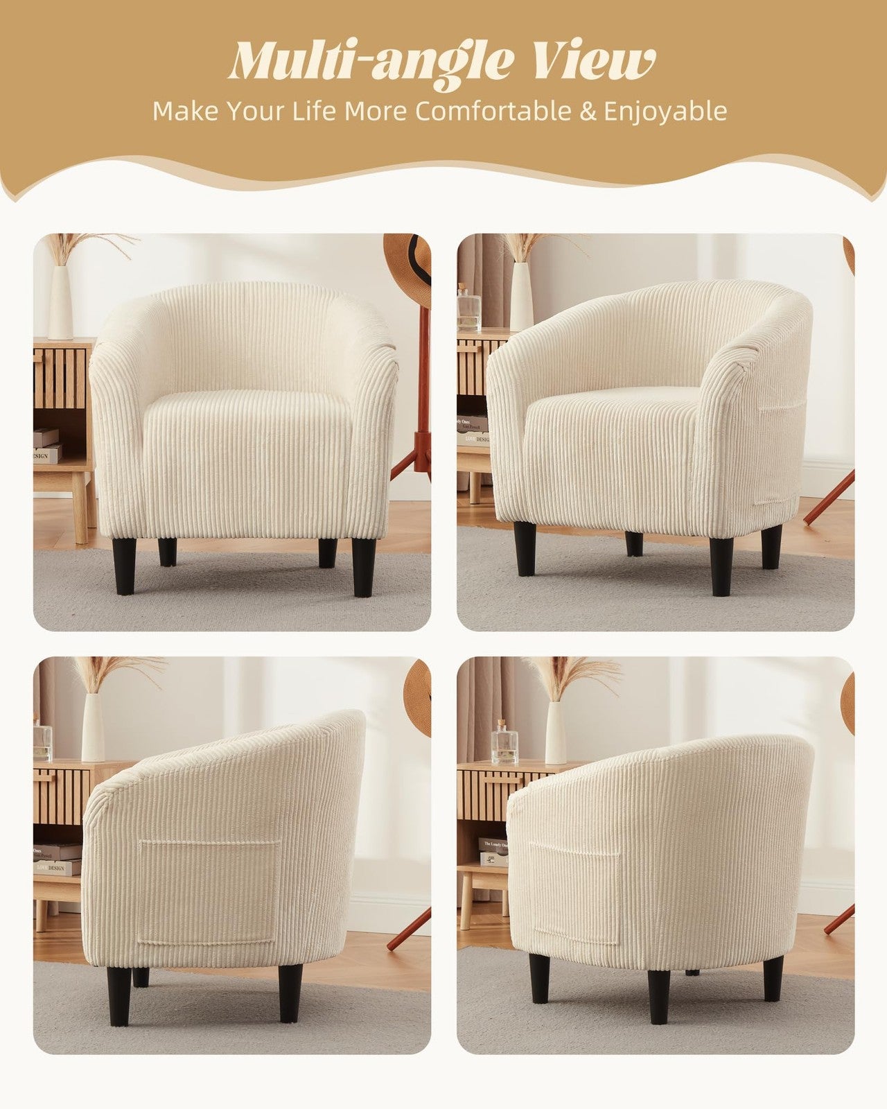 Corduroy barrel accent chair by Garveehome, cozy and elegant armchair with a stylish design for living room decor.