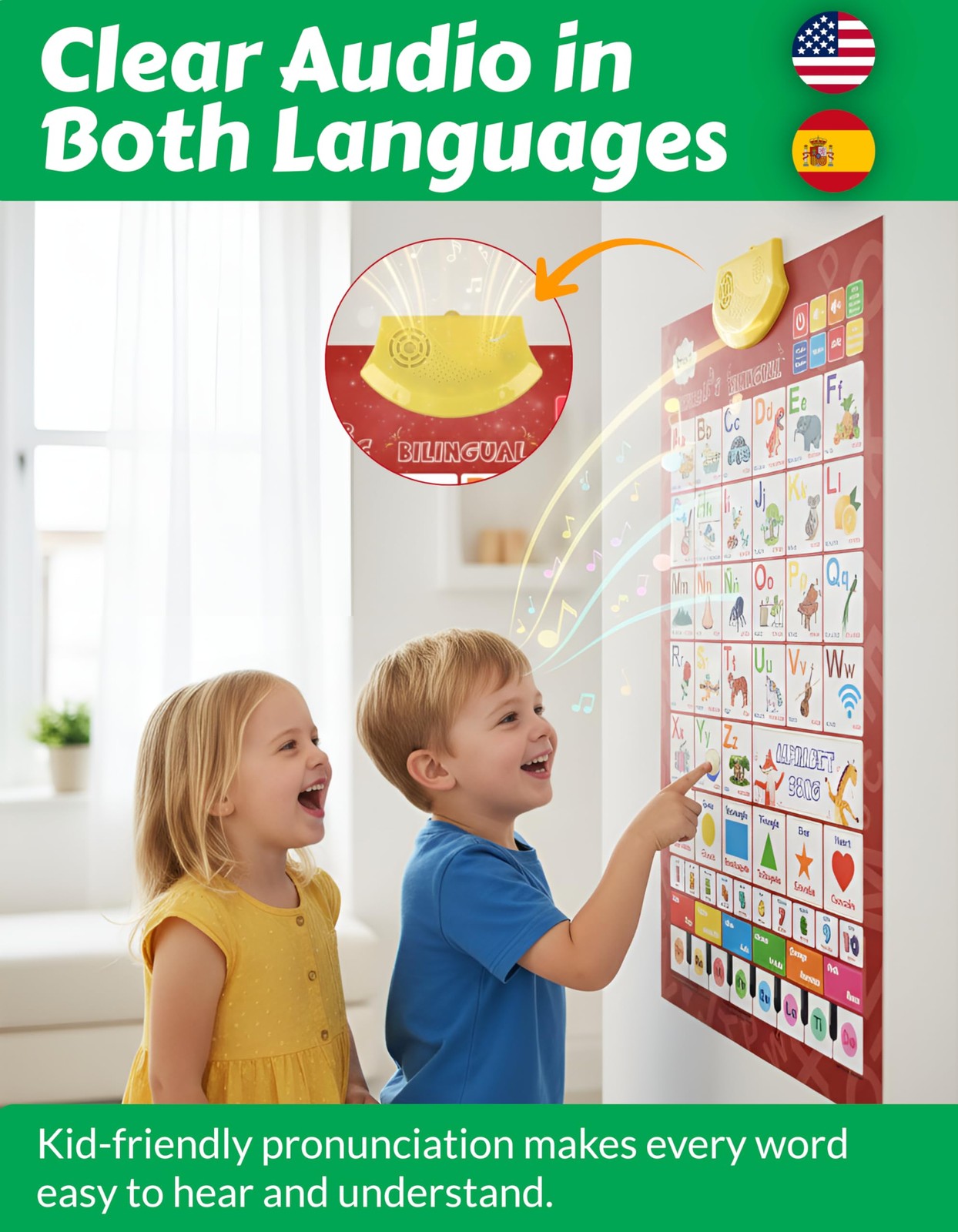 Interactive bilingual English and Spanish alphabet wall chart by Boxiki Kids featuring colorful letters and illustrations for early learning.