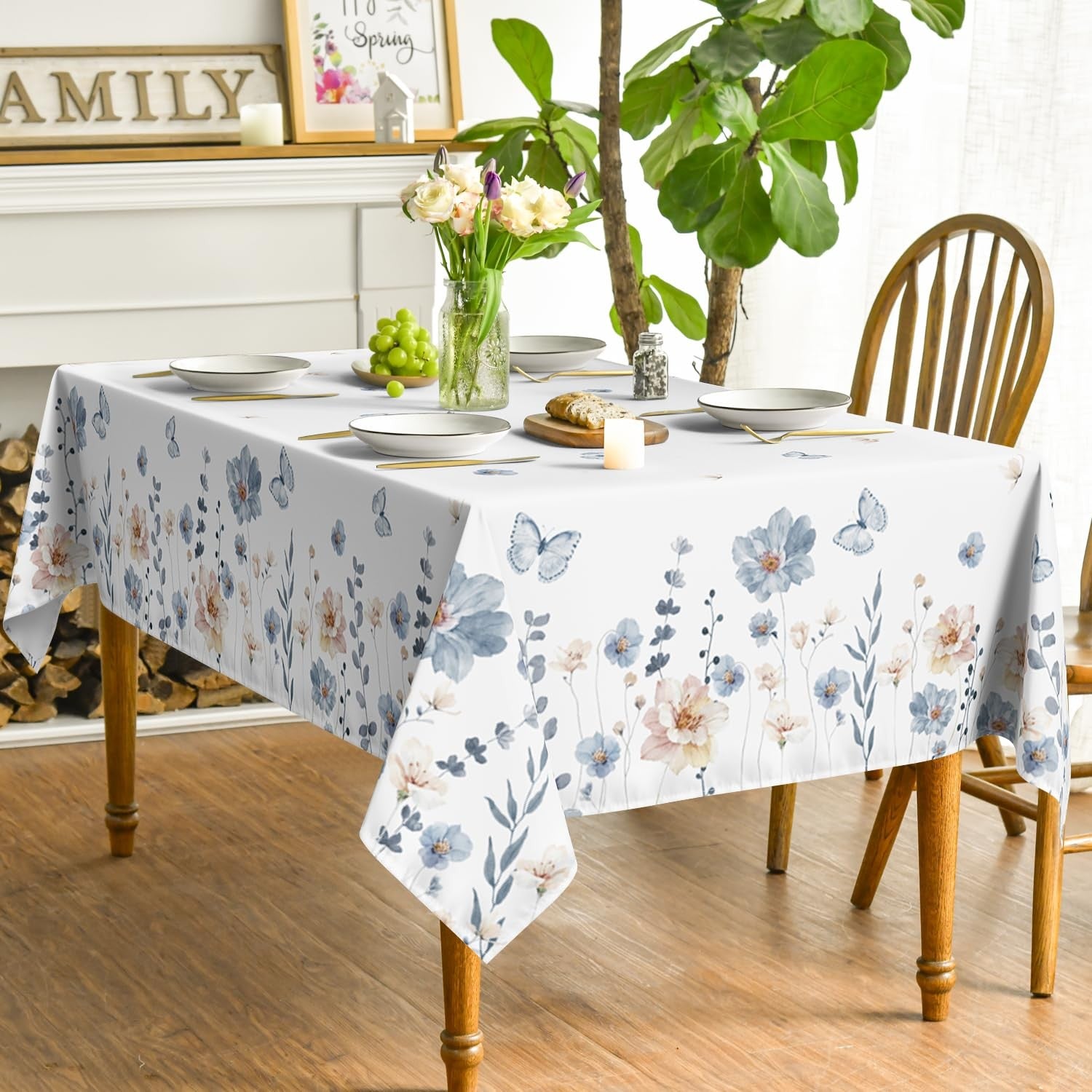 Horaldaily spring watercolor floral tablecloth, 60x140 inches, rectangular, washable fabric with vibrant flower design.