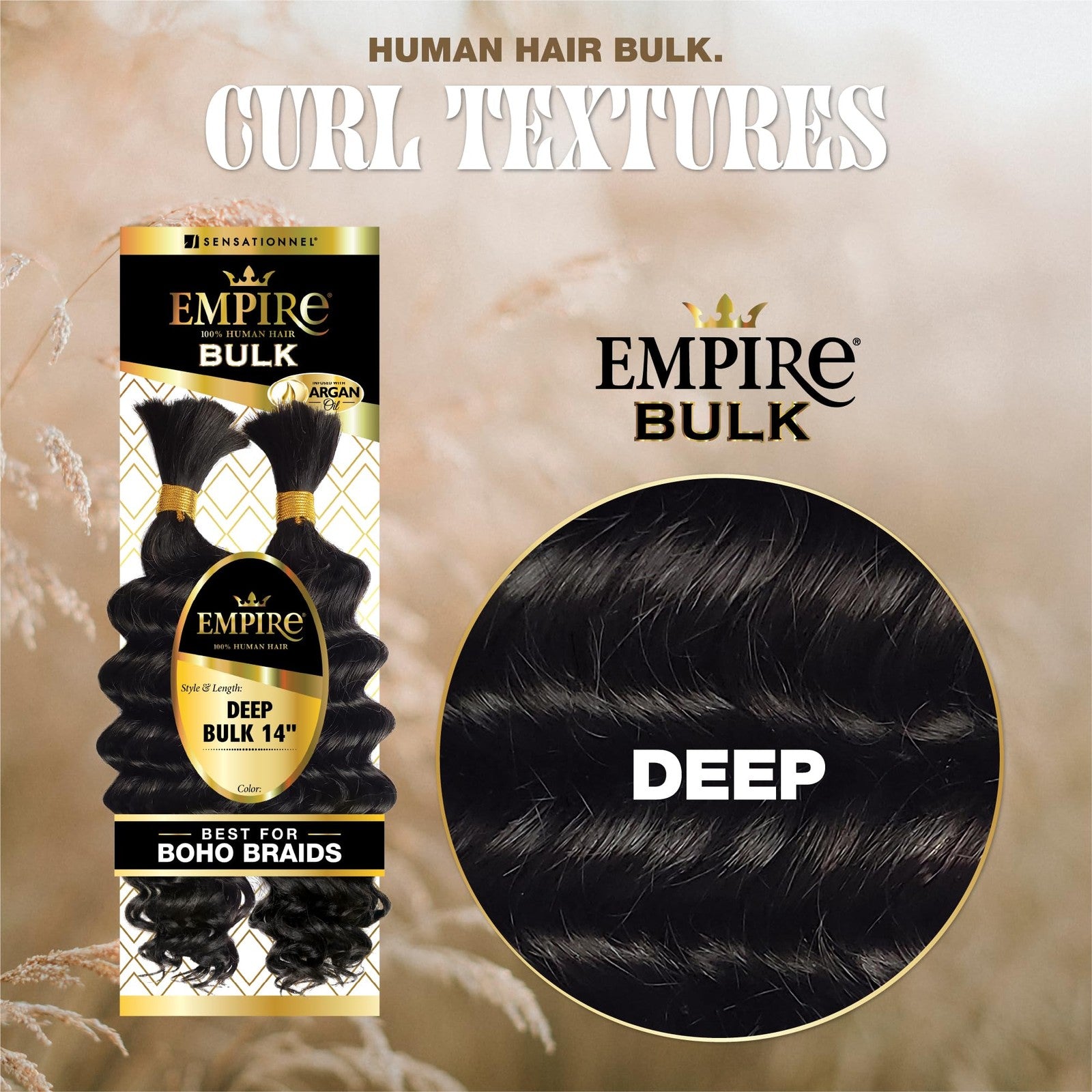 Sensational Empire Bulk Braiding hair for knotless boho box braids, deep human hair texture, shown in natural black color.