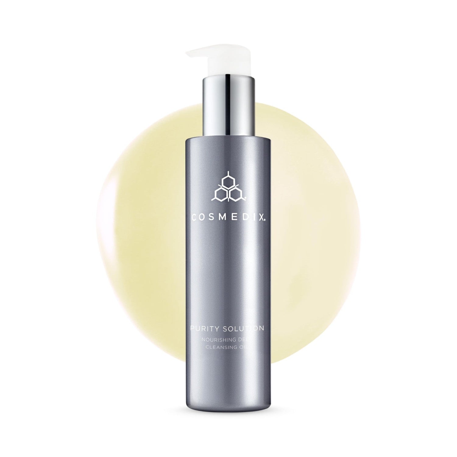 COSMEDIX Purity Solution Cleansing Oil for face, showing the bottle with pump dispenser and clean, minimalist design