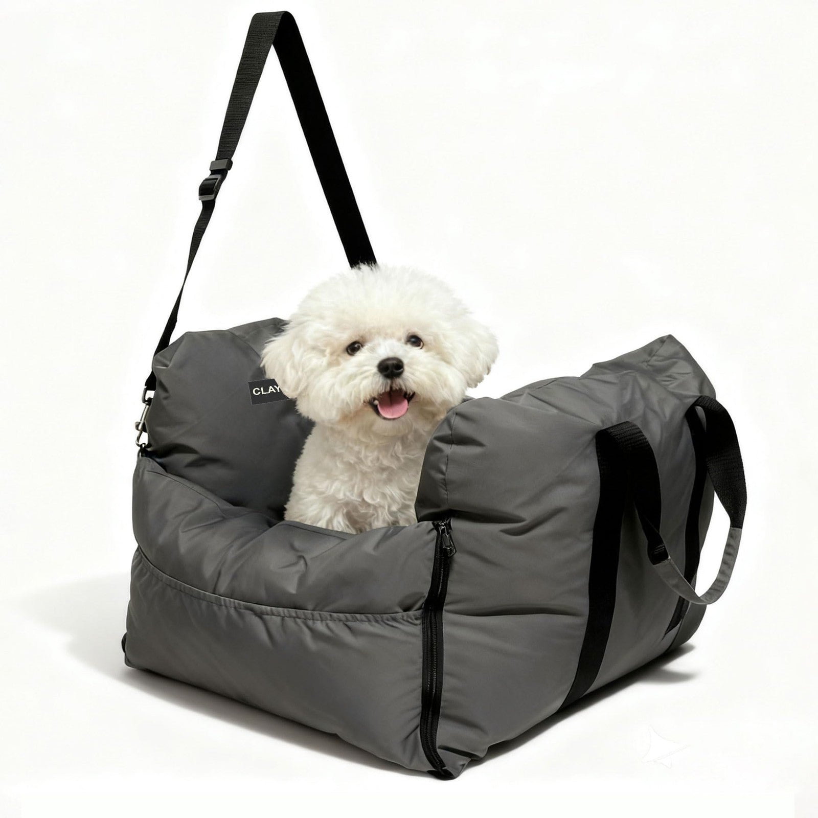 Waterproof dog car seat booster for small dogs by CLAYCLAY, portable with safety strap for secure travel.