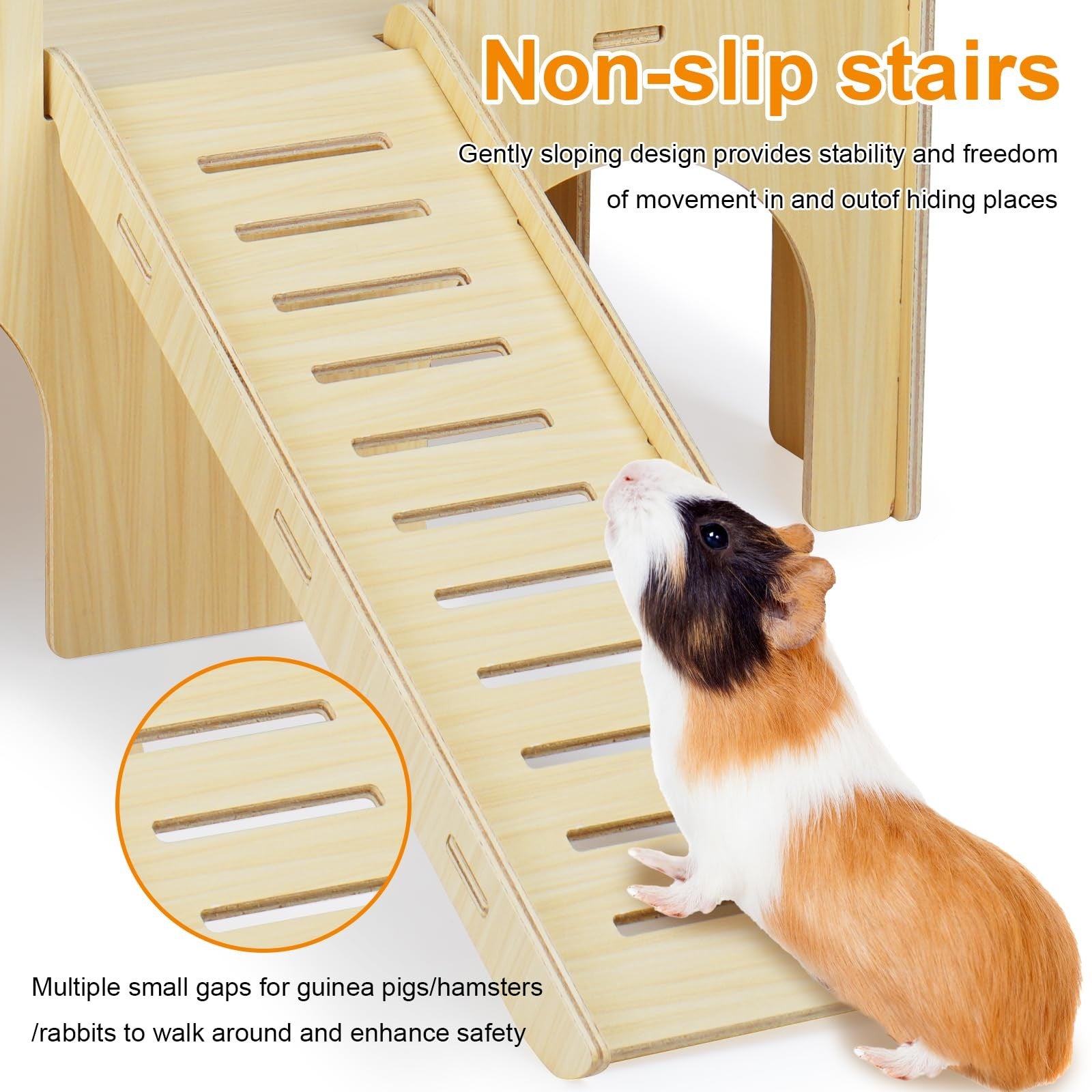 Upgraded wooden guinea pig hideout with ramp from Qorviana, large guinea pig castle for cozy shelter and play.