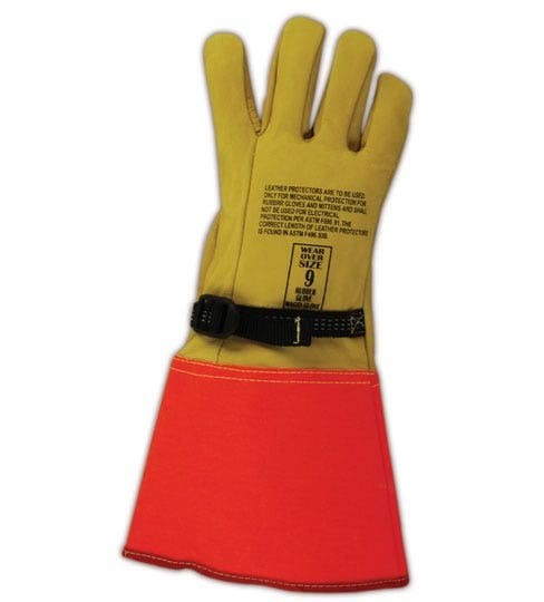 Pair of MAGID leather lineman electrical protector work gloves in size 9.5, showing durable leather construction and reinforced palms.