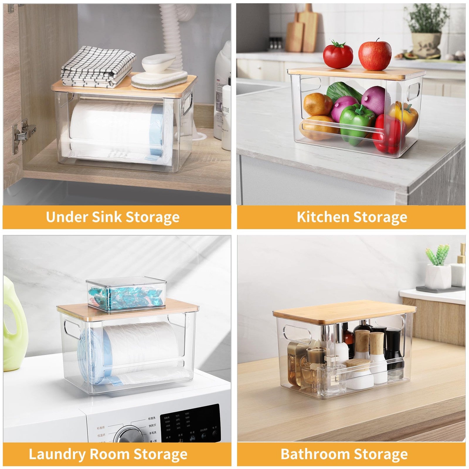 YAFFWA 2-piece trash bag holder under sink storage, stackable and extra large laundry room organizer showing durable plastic design