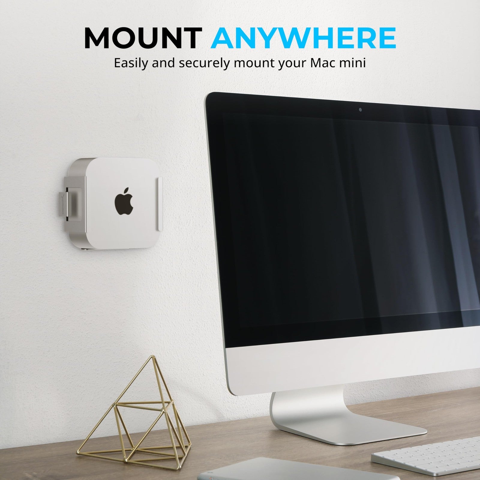 SABRENT Desk and Wall Flex-Mount for Mac mini 2024+ in sleek aluminum, scratch-resistant finish, shown mounted on a wall or desk.