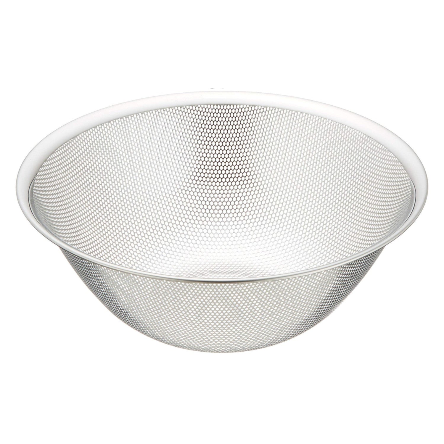 Stainless steel Sori Yanagi punching strainer with 10.6-inch drainage design for preventing clogs in kitchen sinks.