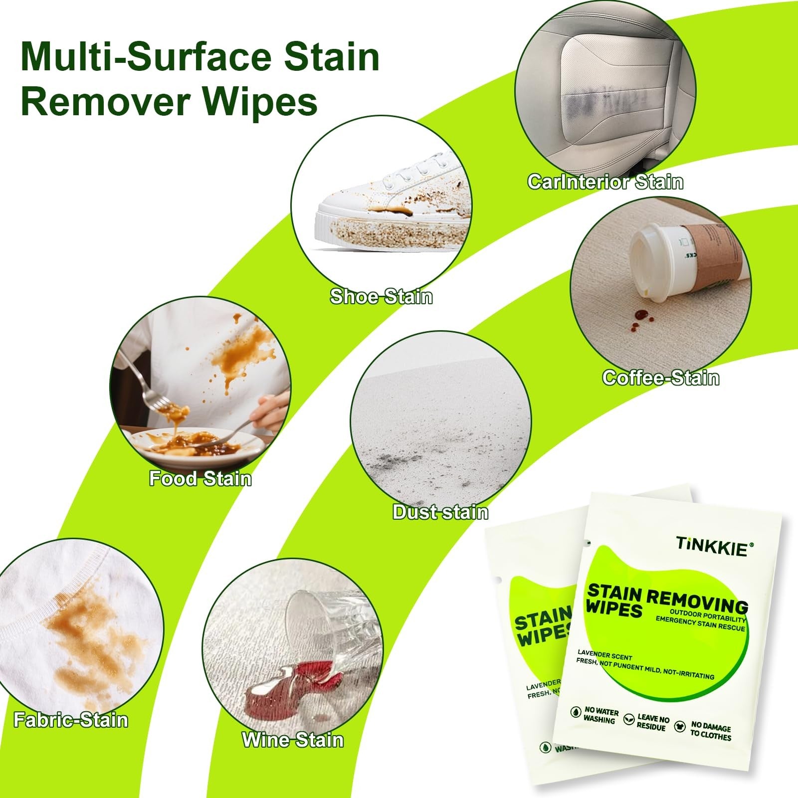 TiNKKiE 100-pack stain remover wipes for clothes and fabric, showing wipes and stained fabric for instant stain removal.