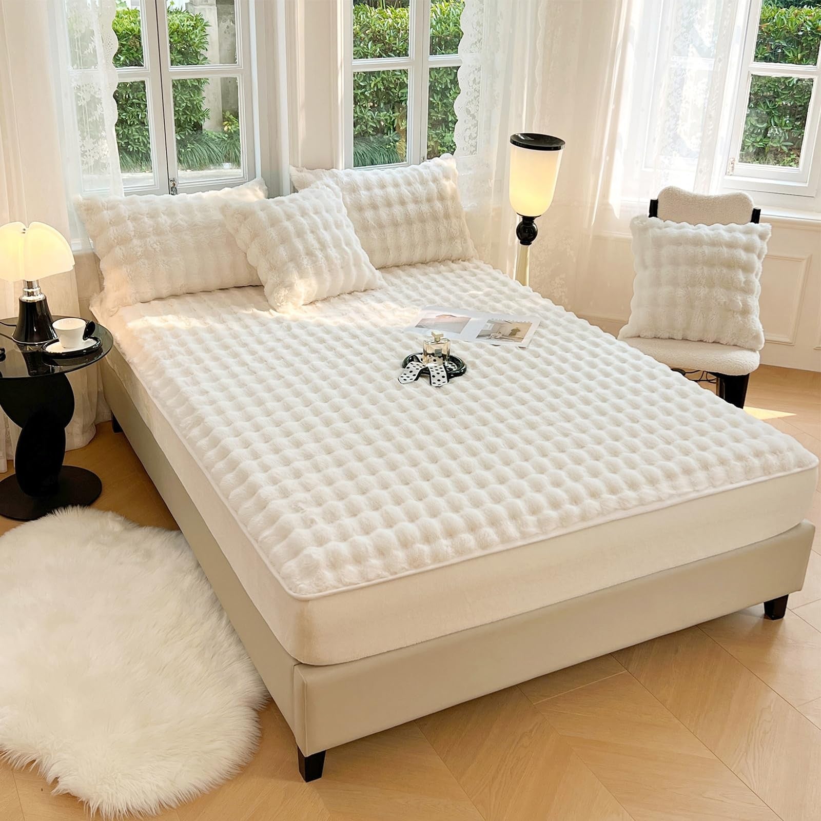 ZIQINPSQ plush shaggy king size fitted sheet with deep pockets, velvet faux fur, soft and cozy for a luxurious bedroom look
