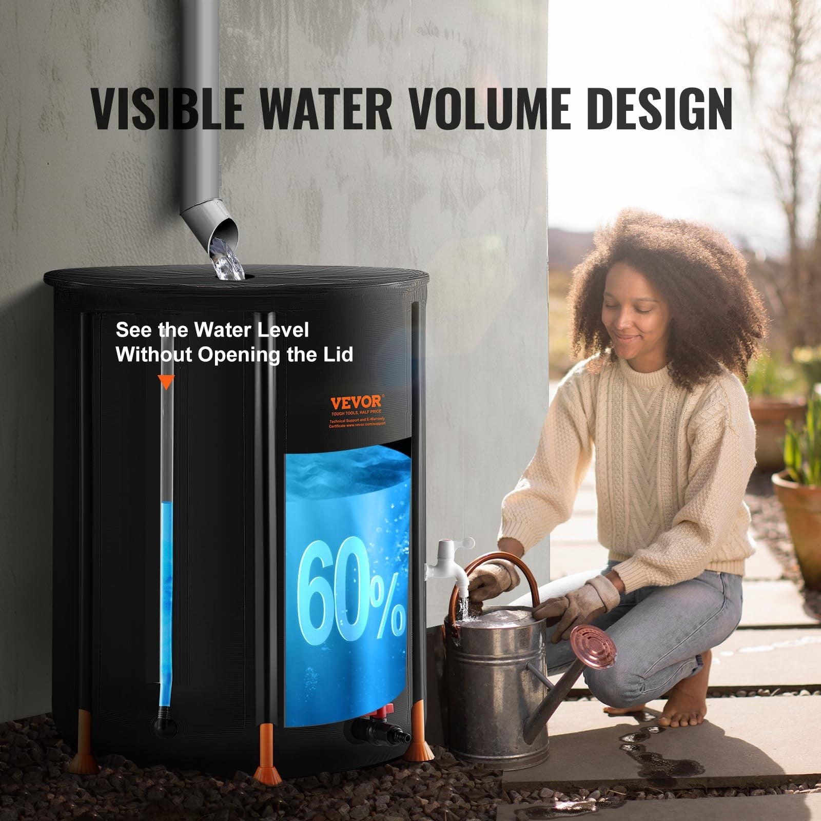VEVOR 53-gallon collapsible rain barrel for collecting rainwater, shown in portable, foldable design with spout and handle.