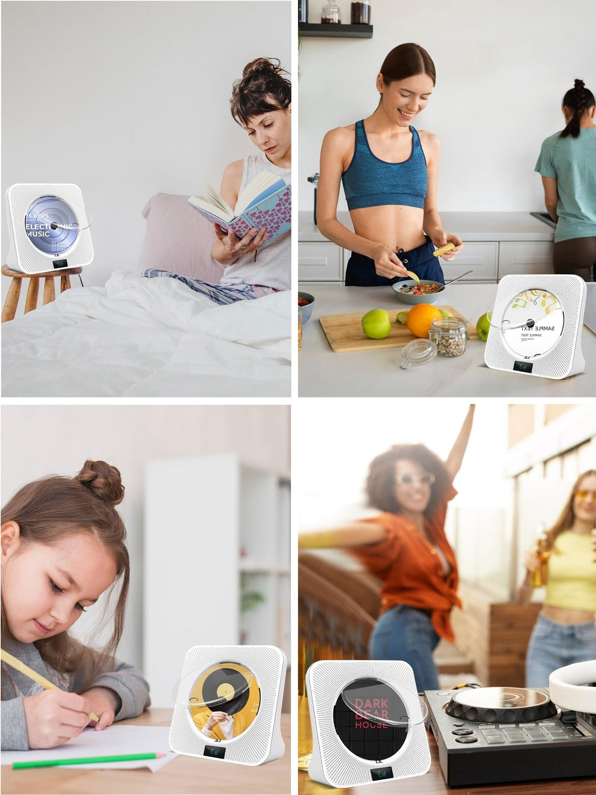 Jimwey portable CD player with Bluetooth, HiFi speakers, FM radio, USB and AUX ports in white, compact and versatile.