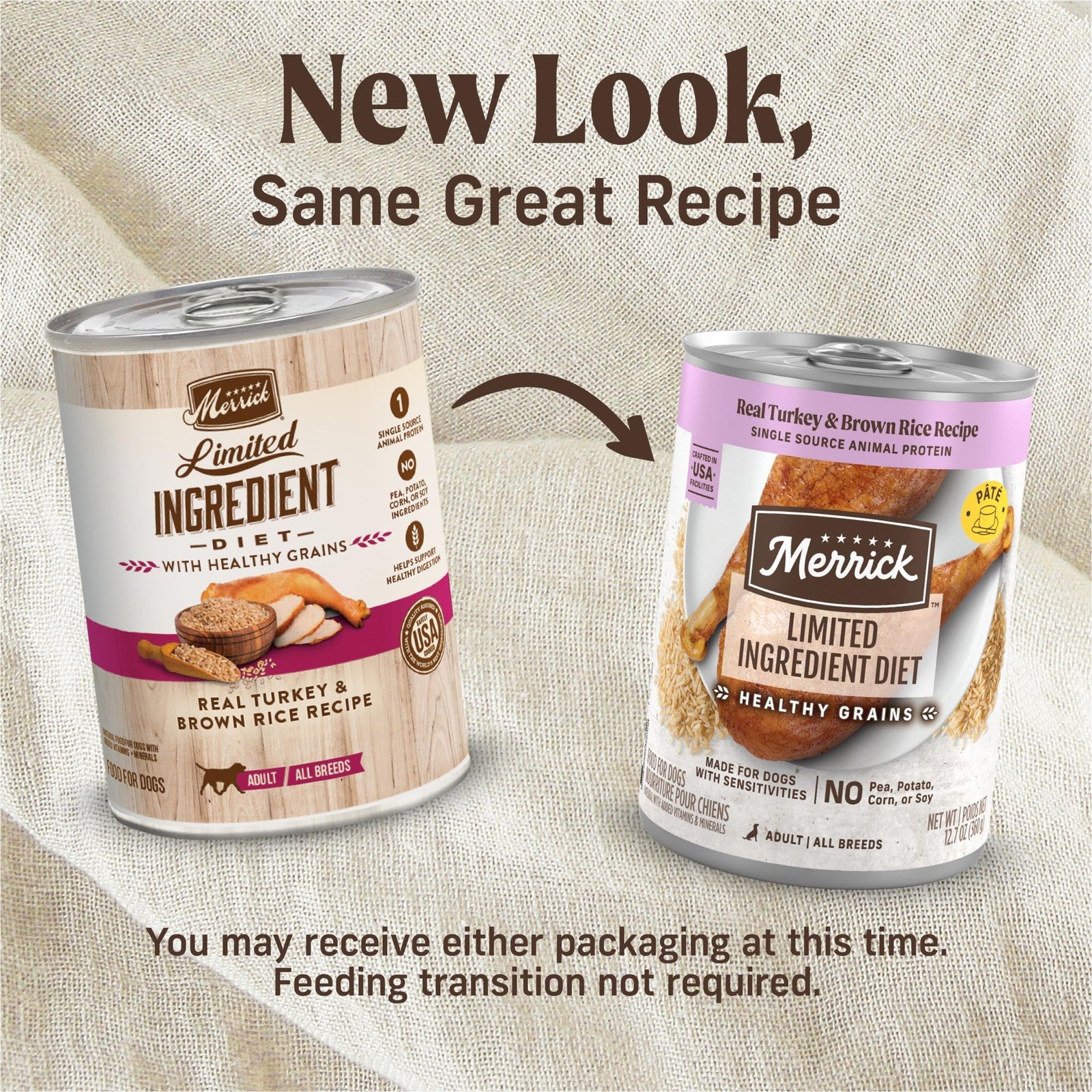 Canned Merrick Limited Ingredient Diet Premium dog food with healthy grains, featuring a natural, nutritious wet pet food in a can