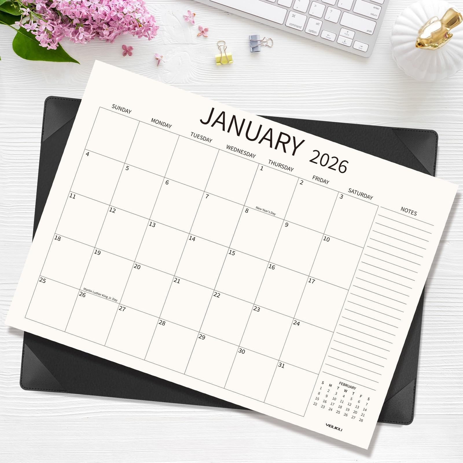 Yibukiu desk calendar for 2026-2027, large 22x17 inches, showing January 2026 to June 2027 with colorful monthly pages.