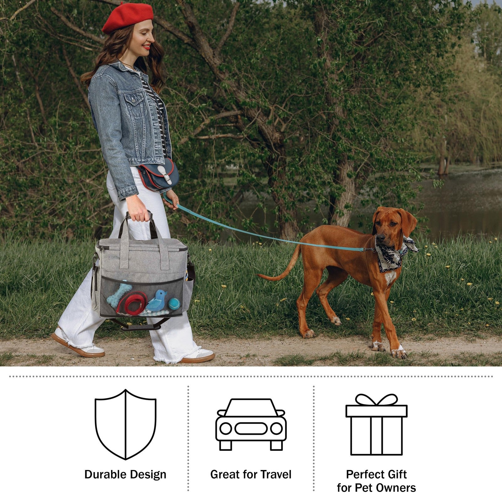 PETMAKER dog and cat travel bag with multiple pockets, mat, and two food containers for pet accessories and on-the-go convenience.