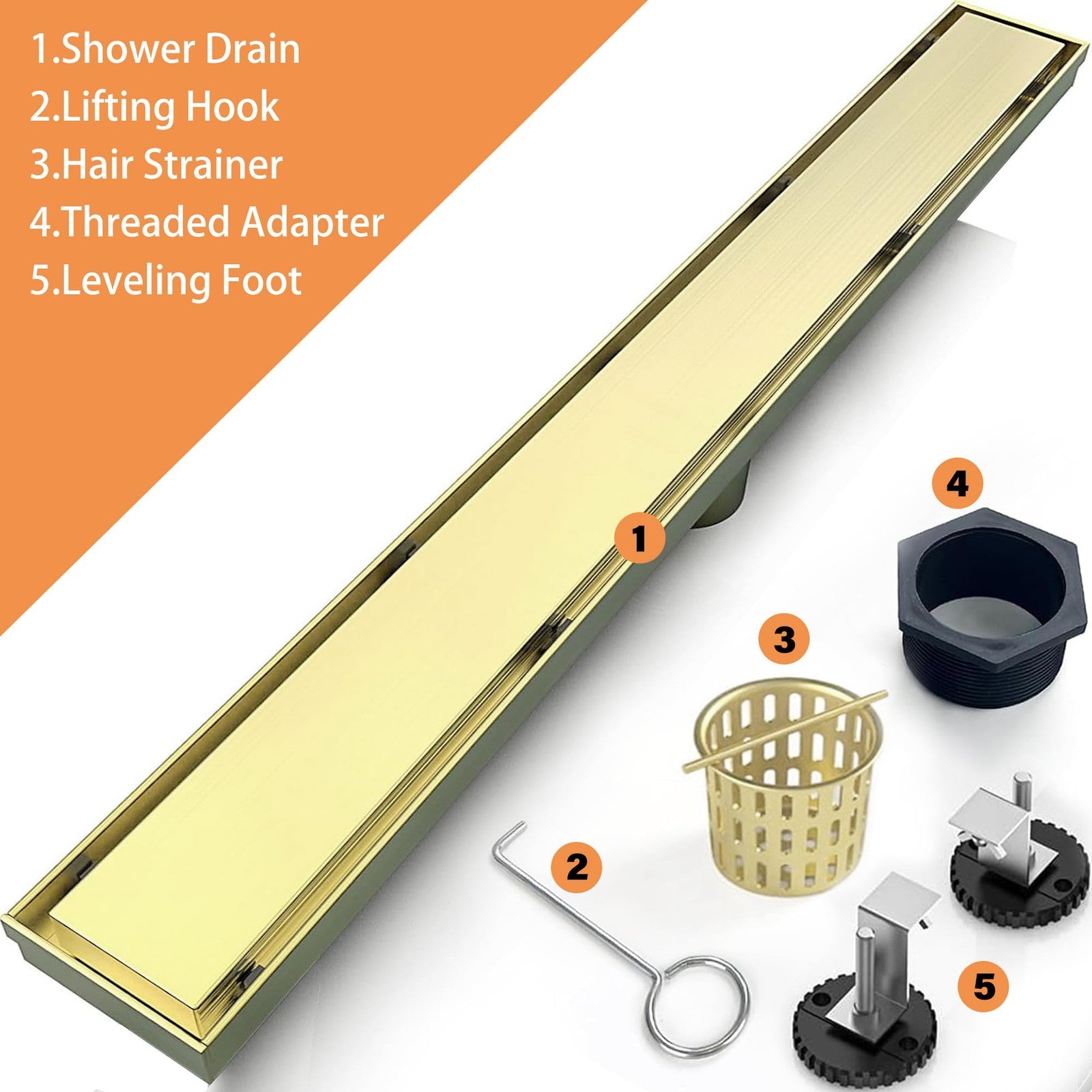 24-inch Eblog stainless steel linear shower drain with removable cover and gold finish, designed for modern bathroom flooring.