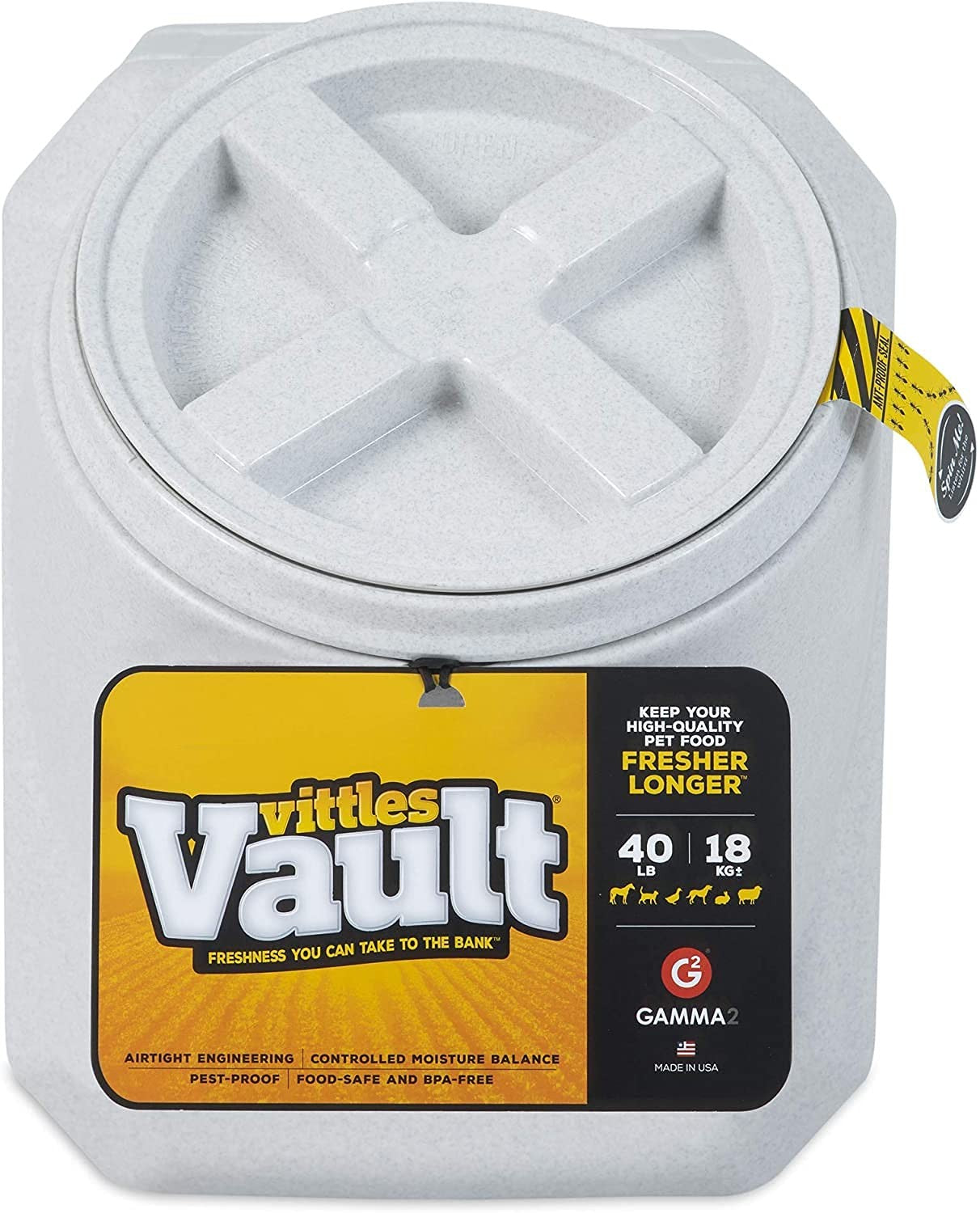 Gamma2 Vittles Vault stackable dog food storage container with Vikan Remco color-coded scoop for pet feeding.