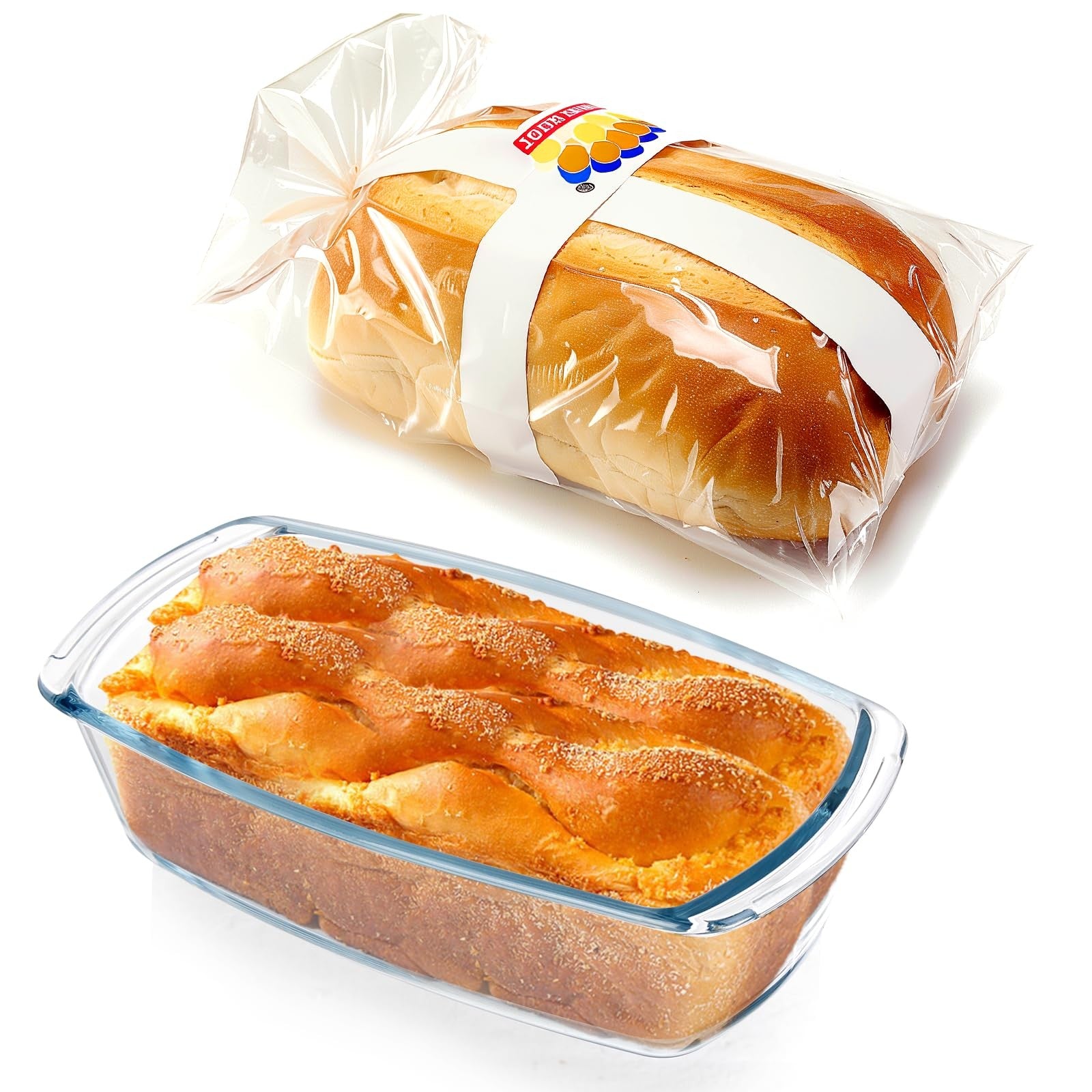BAKEWAY glass loaf pan with lid for baking bread, 1.9 Qt, clear glass with handle and lid for easy oven use.