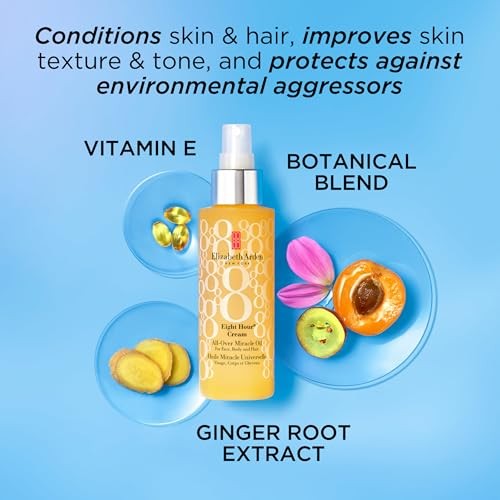 Elizabeth Arden Eight Hour All-Over Miracle Oil bottle, hydrating face, body, and hair moisturizer for nourishing skin and hair.