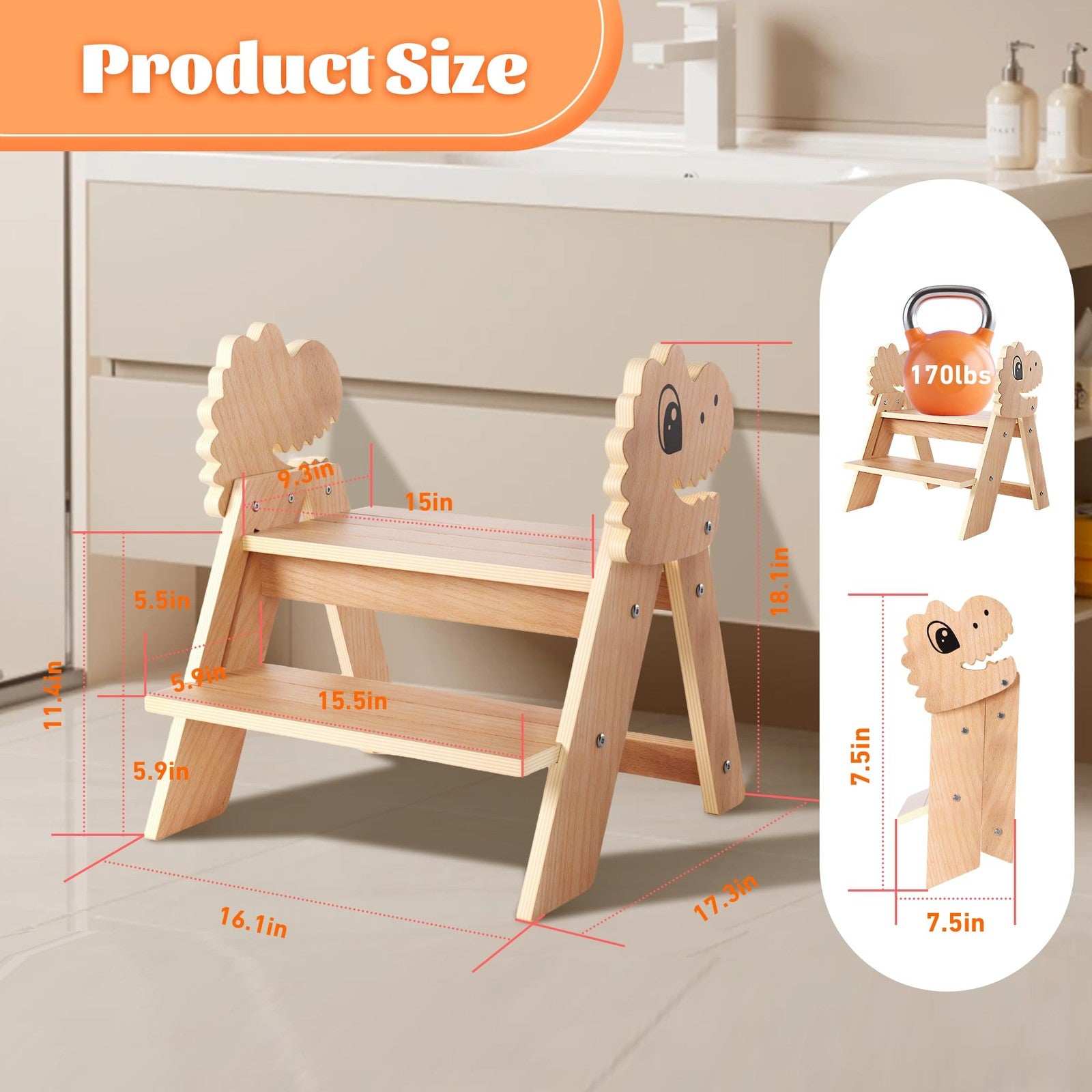 Novarieth beech wooden toddler step stool with two foldable steps, designed for kids, featuring a natural wood finish.