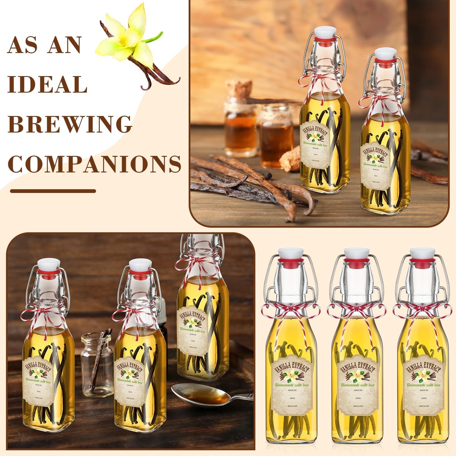 Set of 12 Uiifan 12 oz clear glass vanilla extract bottles with caps, suitable for whiskey or other liquids.