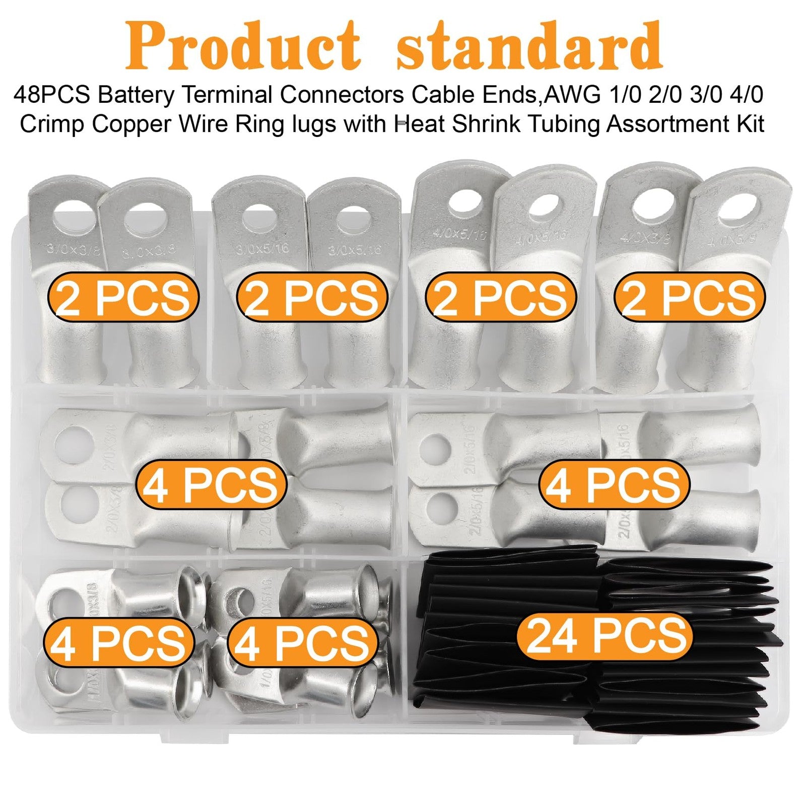 Taukealugs 48-piece set of tinned battery terminal connectors with cable ends for AWG 1/0 to 4/0 sizes, shown in image.