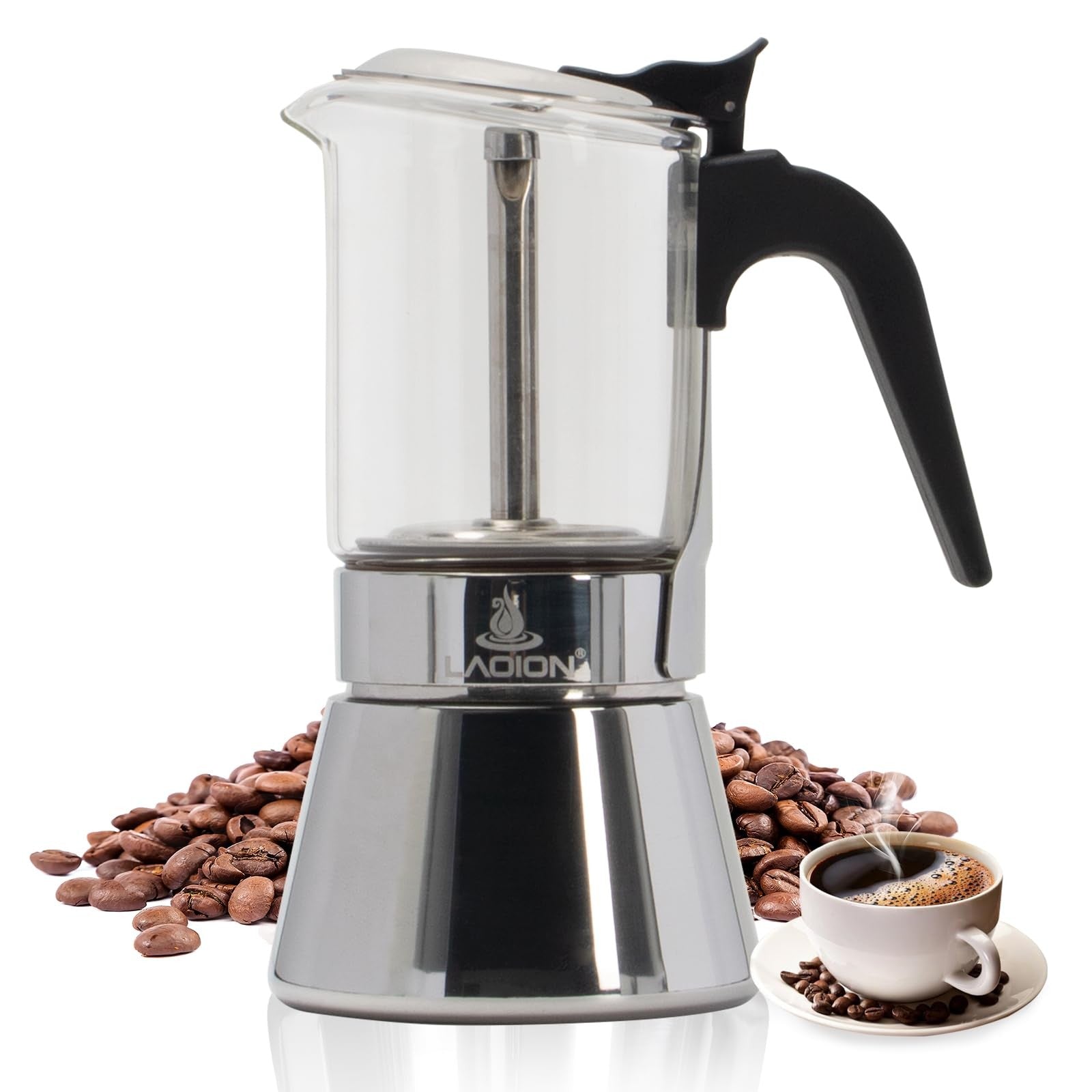LAOION 3-cup stovetop espresso maker with stainless steel body and glass top, 160ml Moka pot for brewing rich coffee.