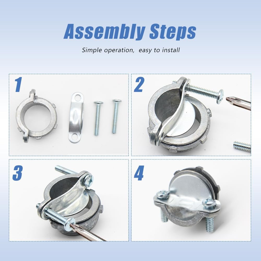 MAKERELE 32-piece cable connector kit with zinc clamp types in various sizes including 1/2, 3/8, 3/4, and 1 inch.