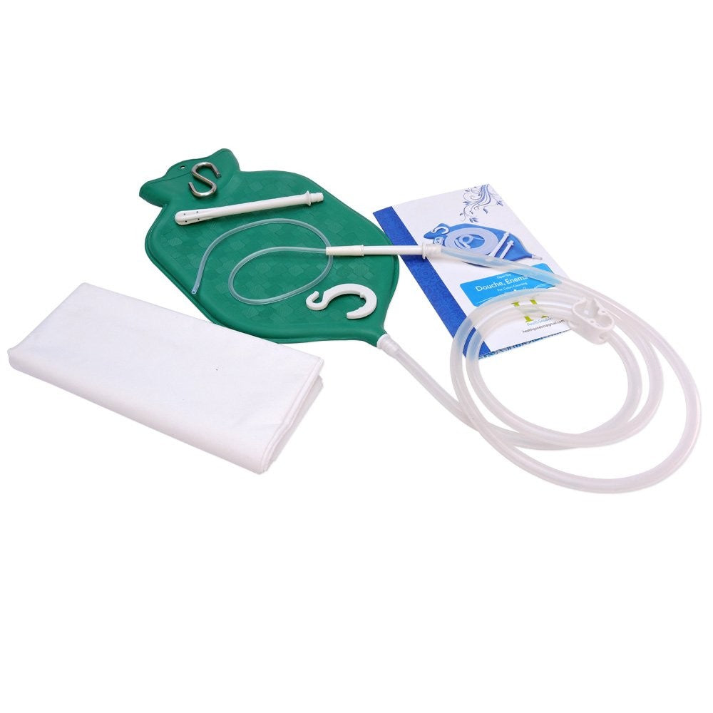 HealthGoodsIn enema bag kit with platinum cured silicone hose, open top design, 2-quart capacity for colon cleansing.