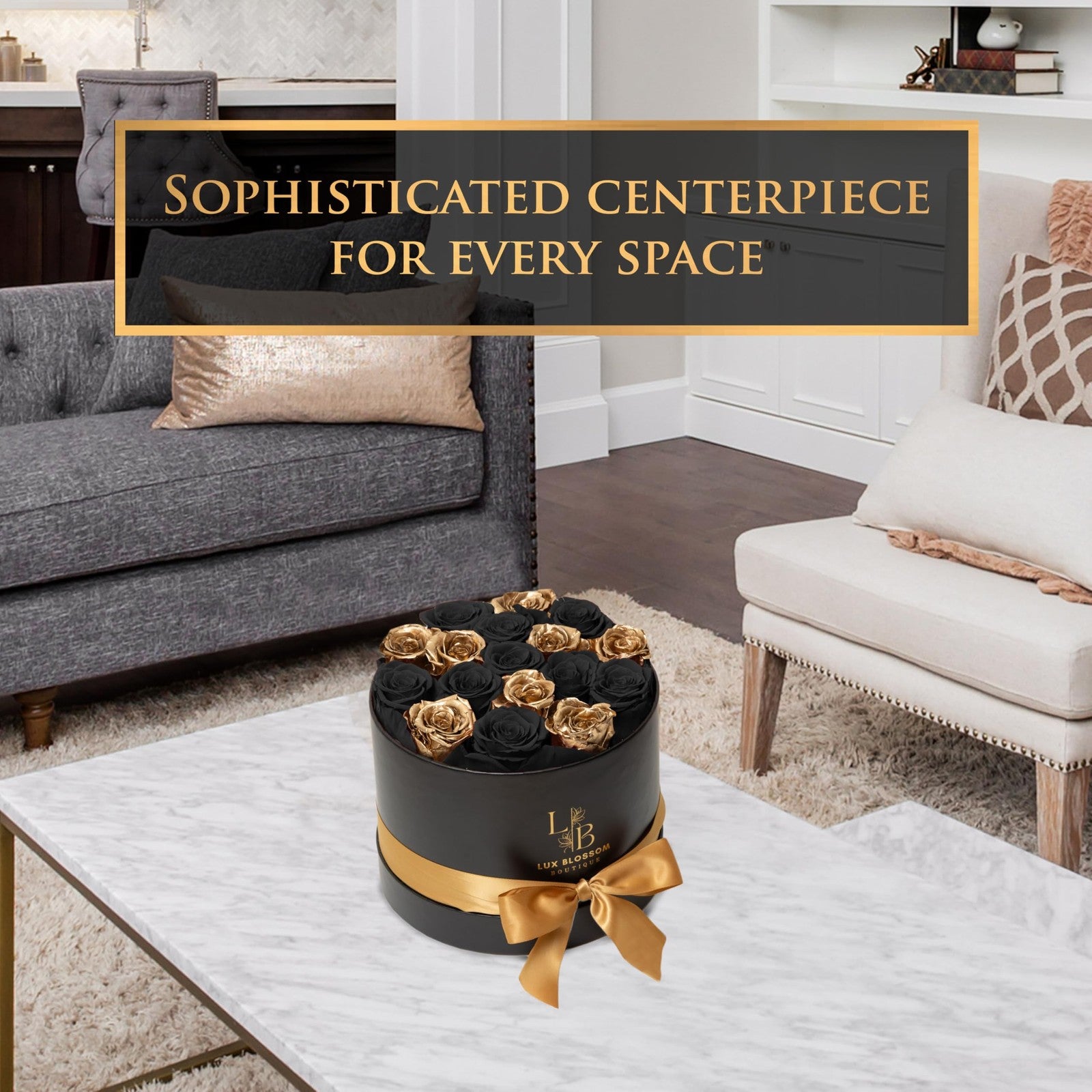 Black and gold Forever Roses in a velvet box from LUX BLOSSOM BOUTIQUE, showcasing luxury floral arrangement for Valentine’s Day.