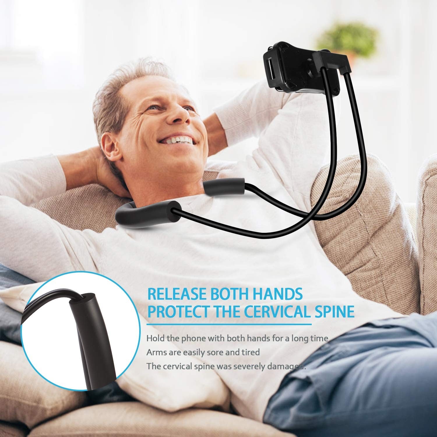 YUNLEJP lazy neck phone holder stand resting around neck, flexible hands-free bed holder for cell phones, adjustable and comfortable.