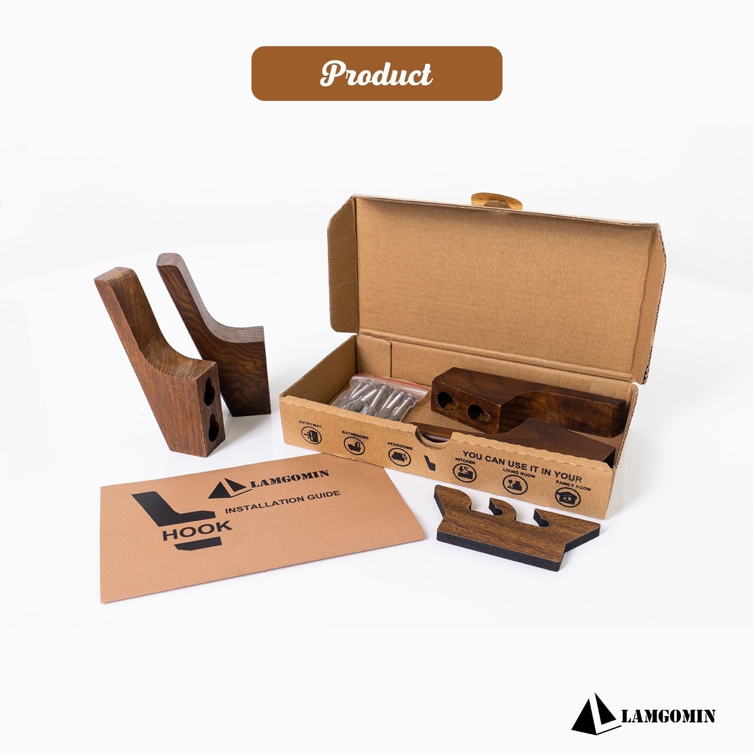 LAMGOMIN wood wall hooks in a 4-pack, rustic finish, featuring minimalist design for hanging coats, hats, and backpacks.