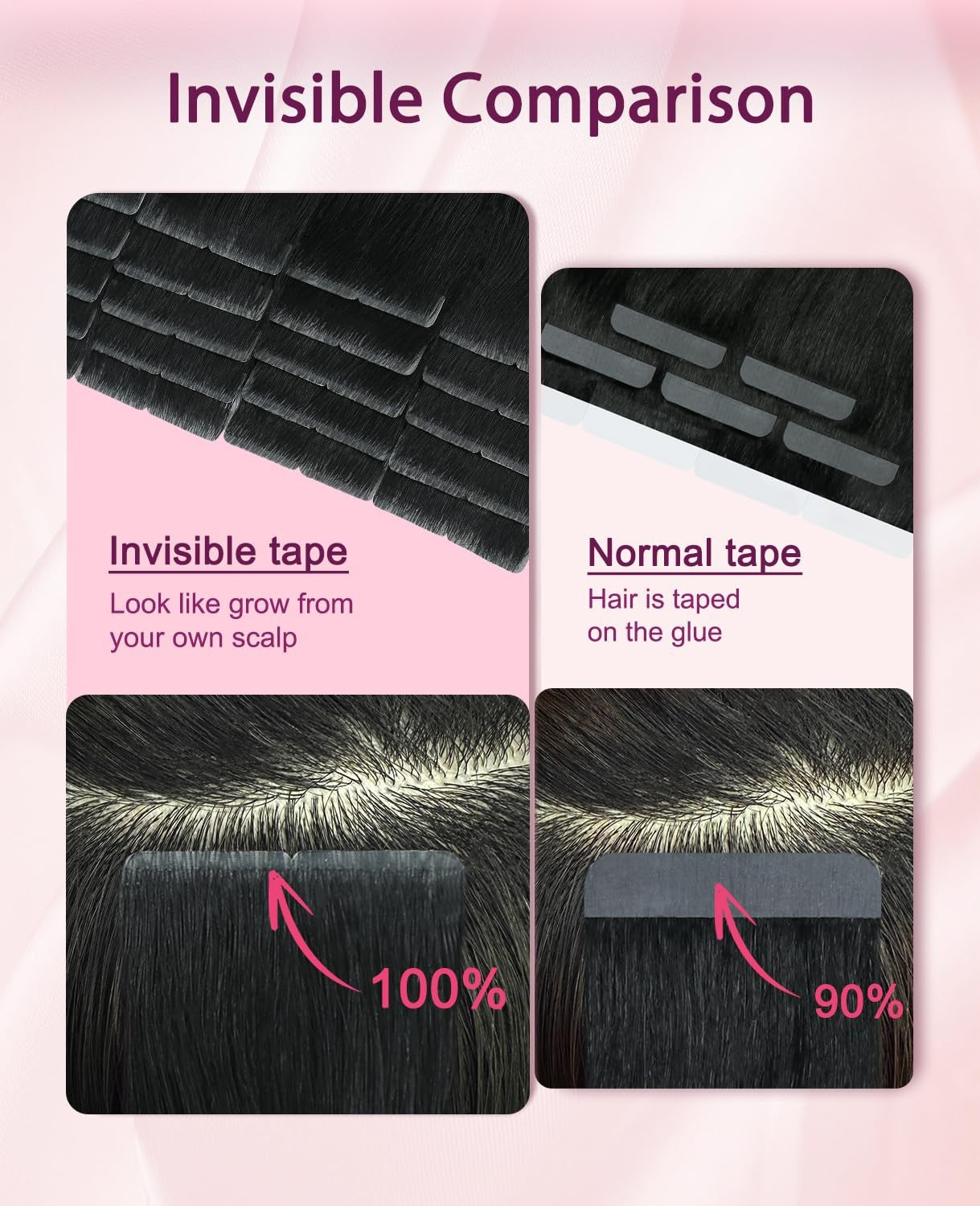 Pinkpearl invisible tape-in human hair extensions, 20 pieces, 18 inches long, with a natural pink pearl tone and lightweight design.