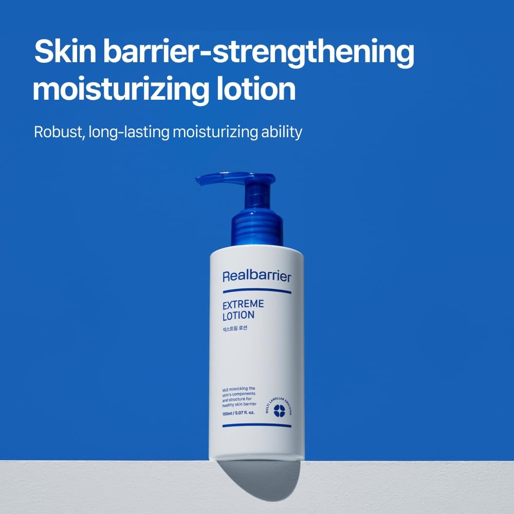 Real Barrier Extreme Lotion facial moisturizer for sensitive skin, showing a white tube with blue accents and product label.