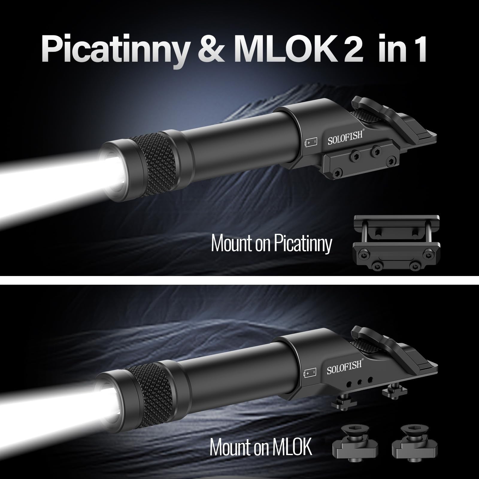 Solofish aluminum flashlight with 1450 lumens, mounted on Picatinny/MLOK rail, batteries included, compact and durable for tactical use.