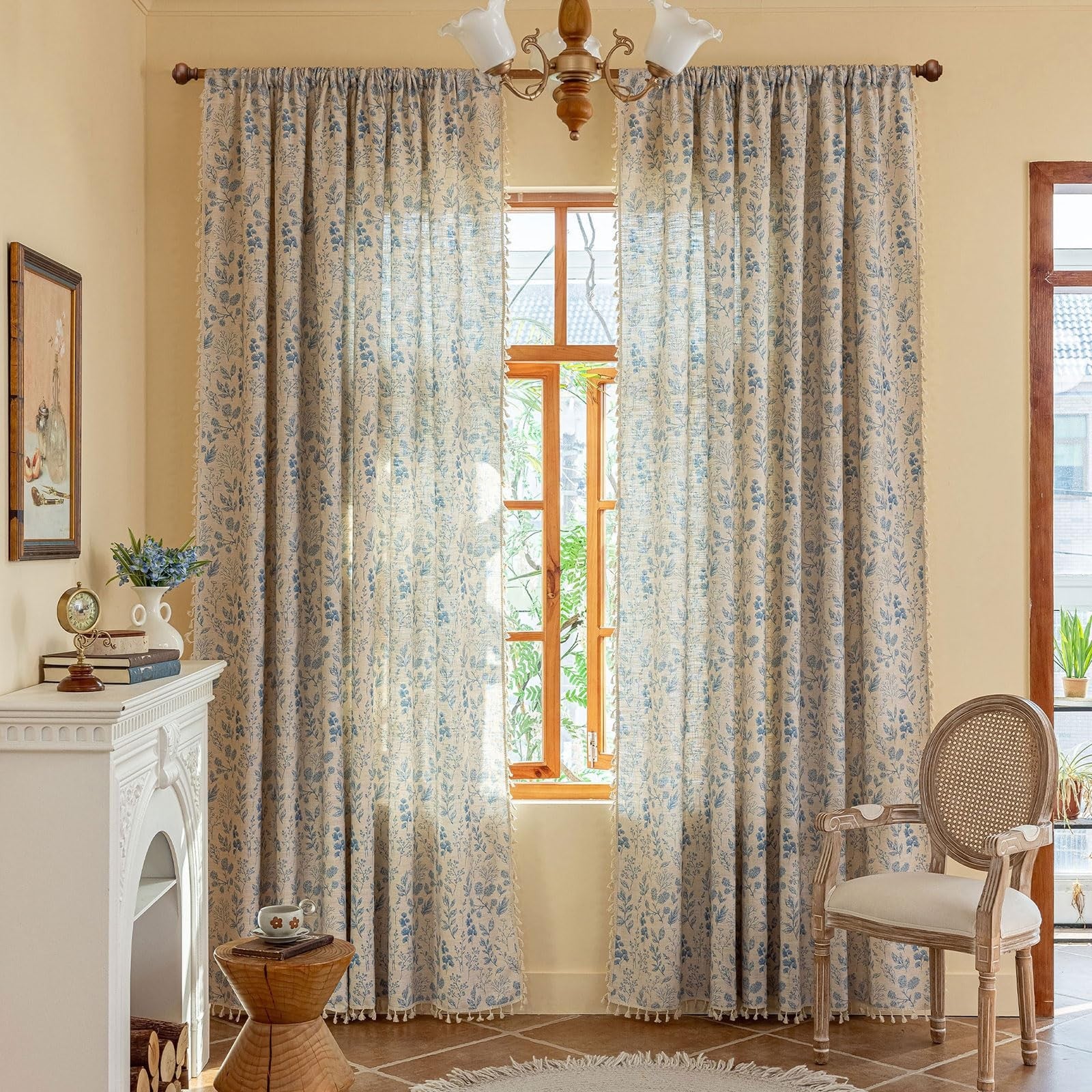 OYX blue floral boho curtains with light filtering fabric, 84-inch long, set of 2 panels for living room decor