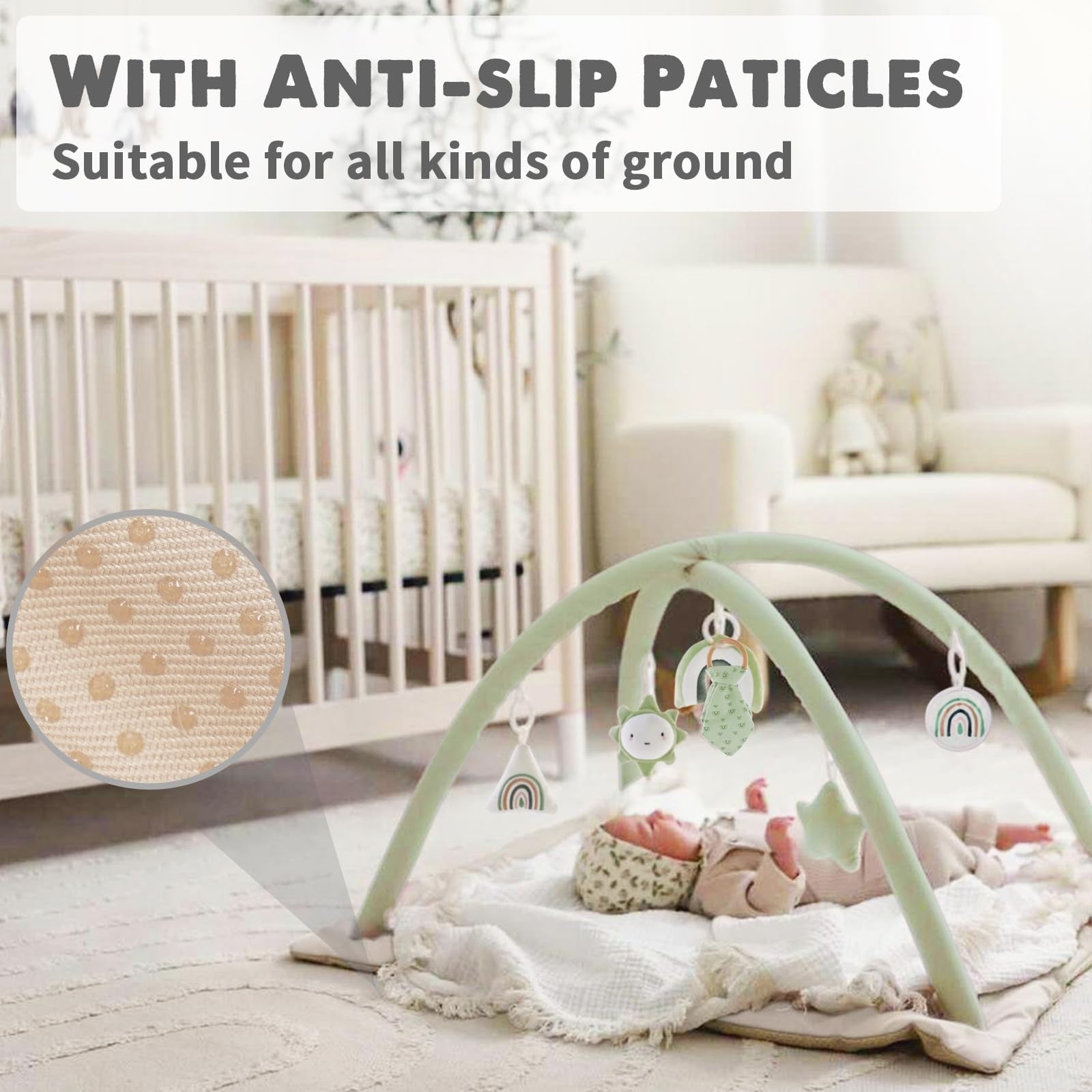 Mallify washable tummy time mat with colorful baby play gym features six toys, perfect for infant development and sensory play.