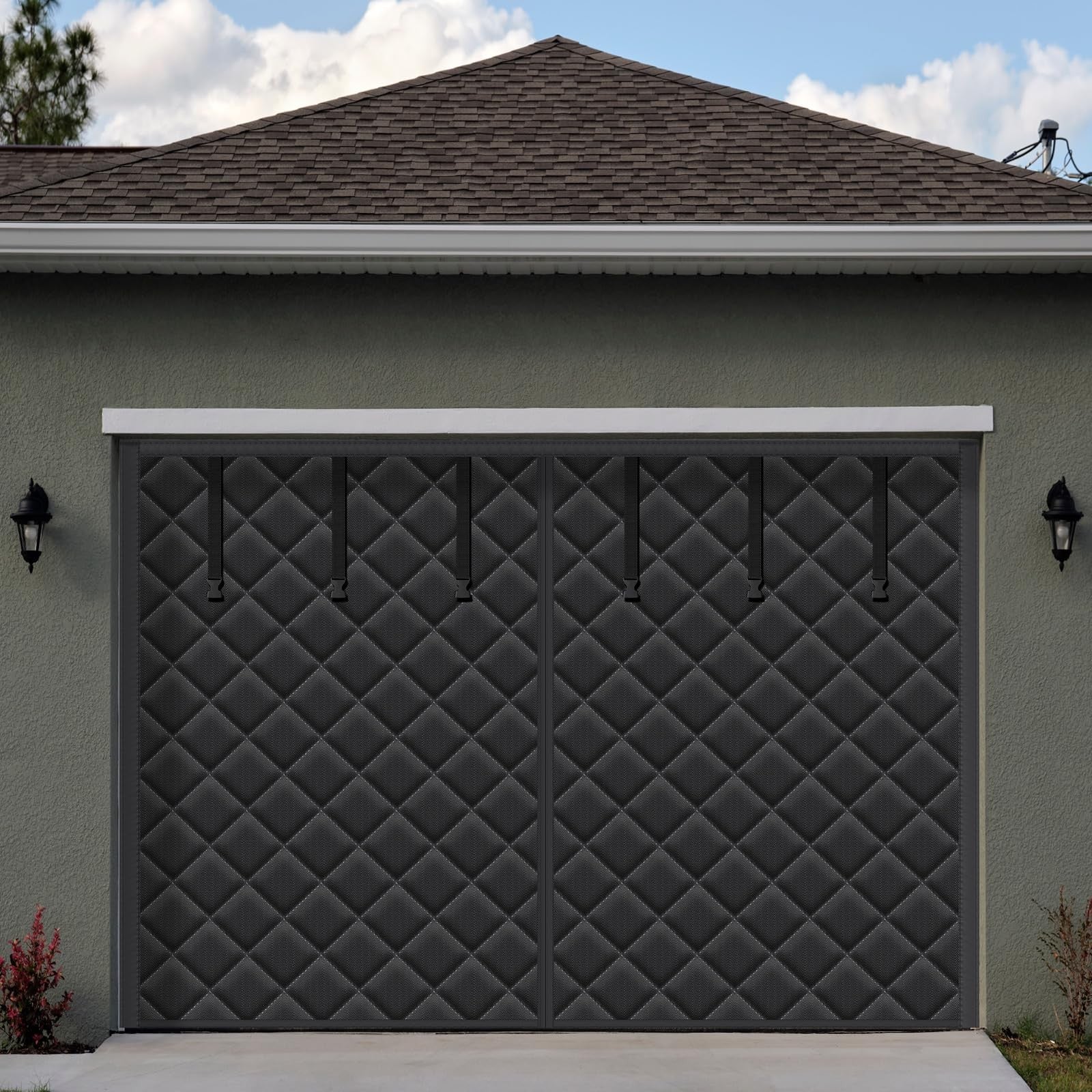 Tingjoo 8x7 ft garage door screen insulation kit with magnetic thermal insulation and durable screen for garage ventilation.
