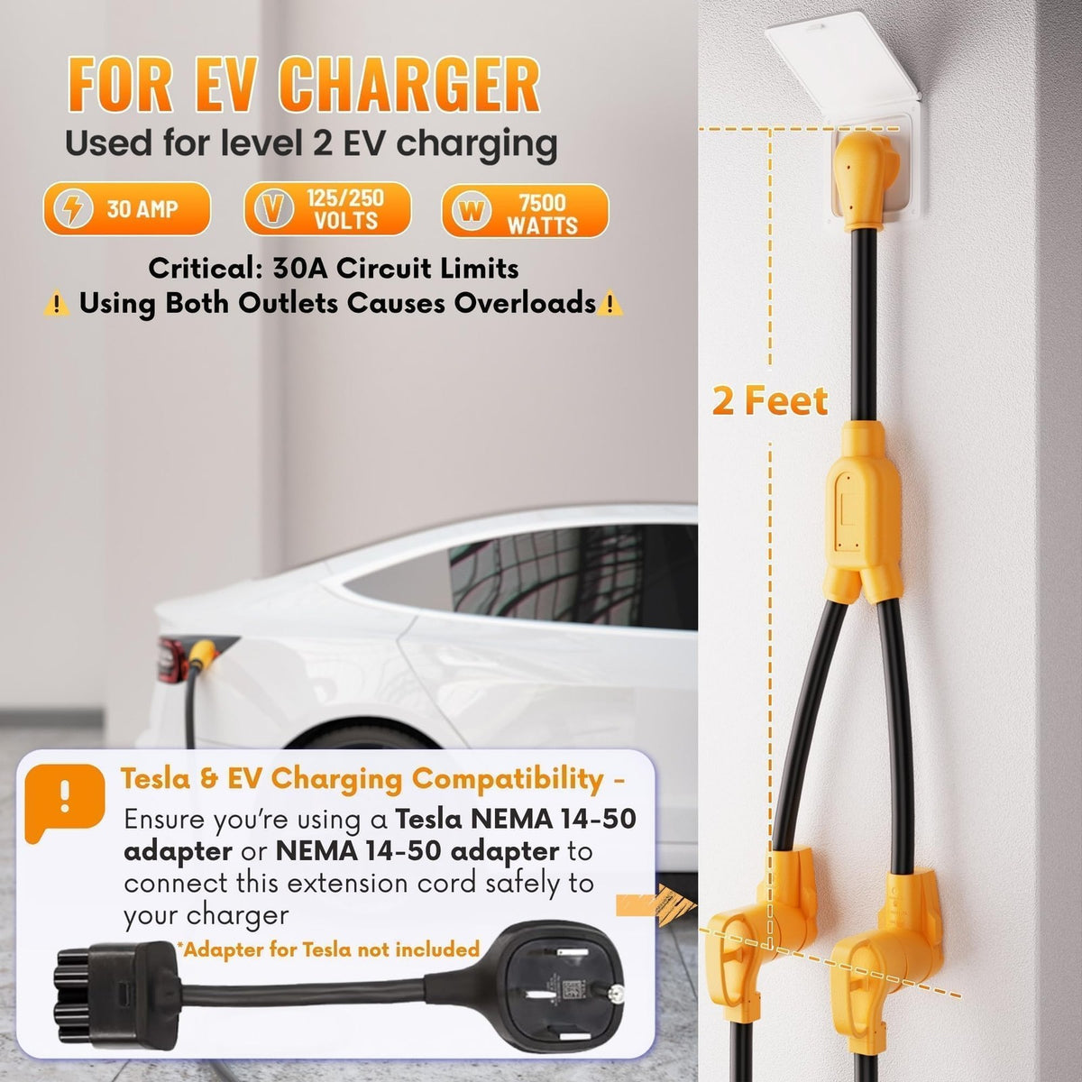 Unbranded Mecmo Nema 14-30P to 14-50R and 14-30R dryer outlet splitter showing multiple plug connections on the electrical device